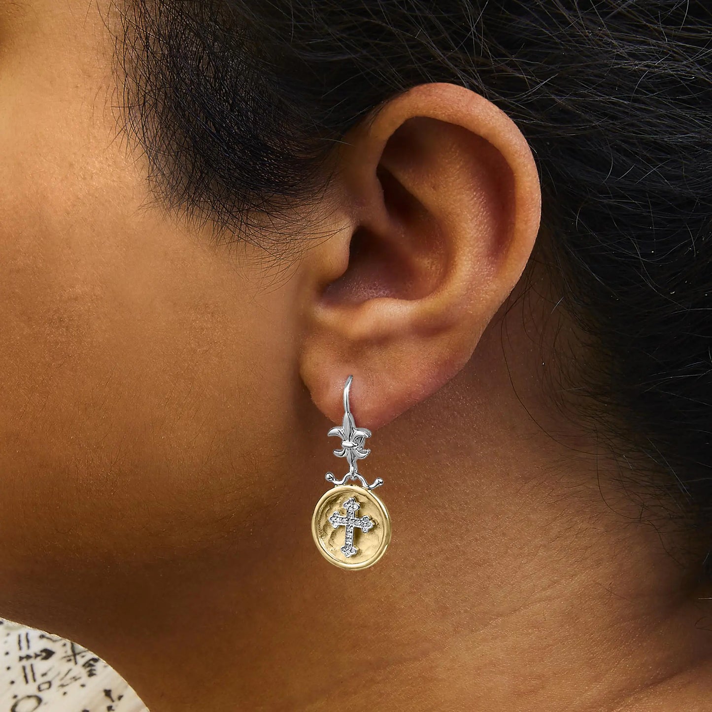 18K Gold Plated Silver Diamond Cross Medallion Earrings
