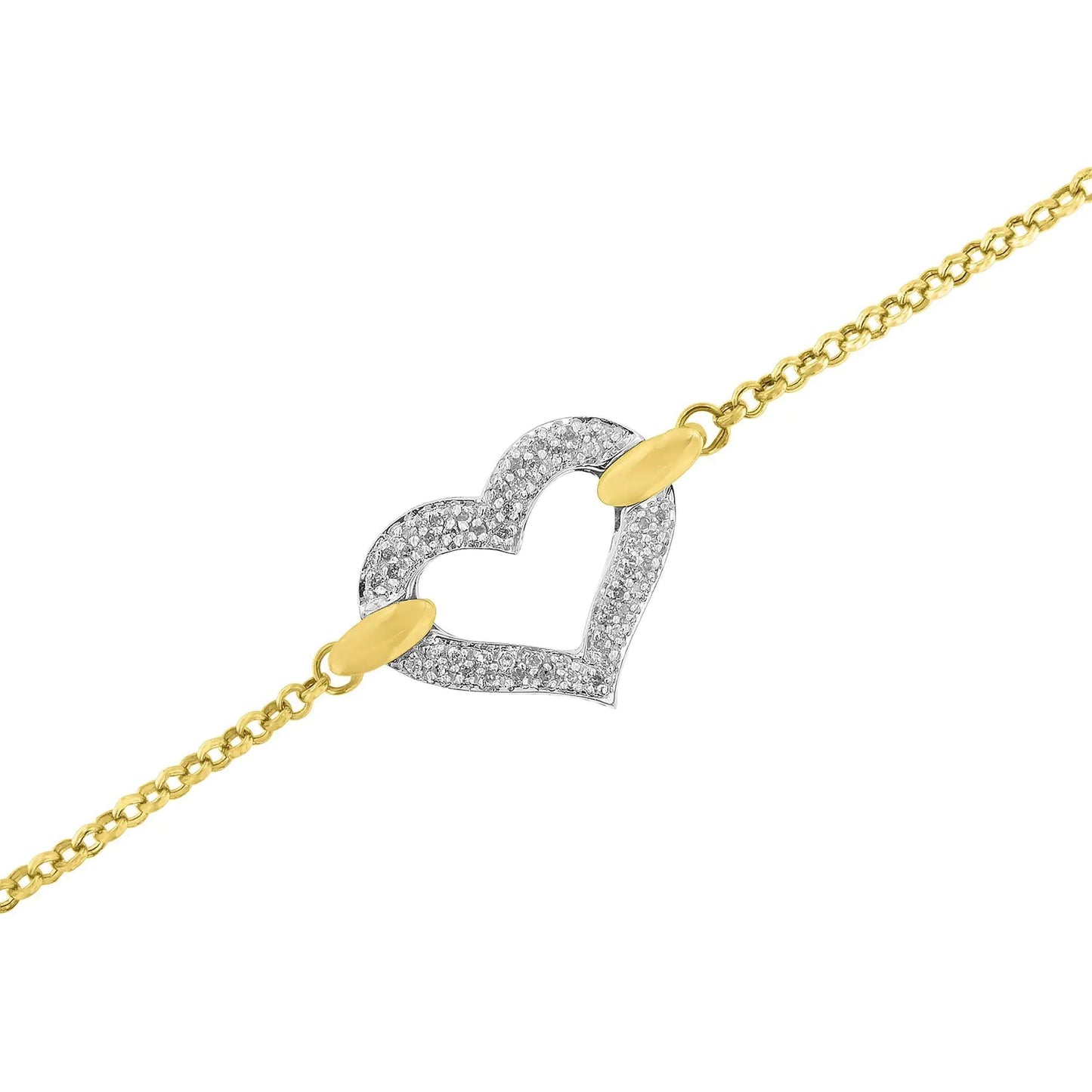 10K Two Tone Gold 1/4 Cttw Diamond Encrusted Heart Charm 7" Bracelet (H - I Color, I1 - I2 Clarity) | | Elegant Emulations Jewelry USA