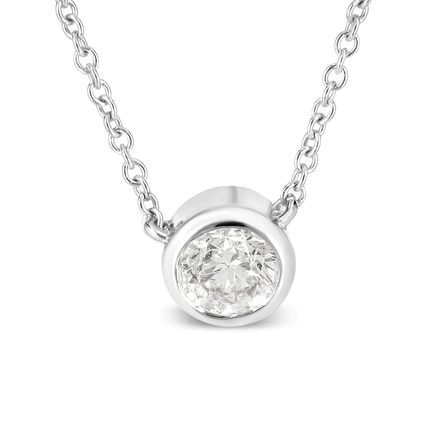 10K White Gold 1/3 Cttw Round Bezel - Set Diamond Solitaire Pendant Necklace (I - J Color, I1 - I2 Clarity) - Adjustable 16 - 18" | Necklace | Elegant Emulations Jewelry USA