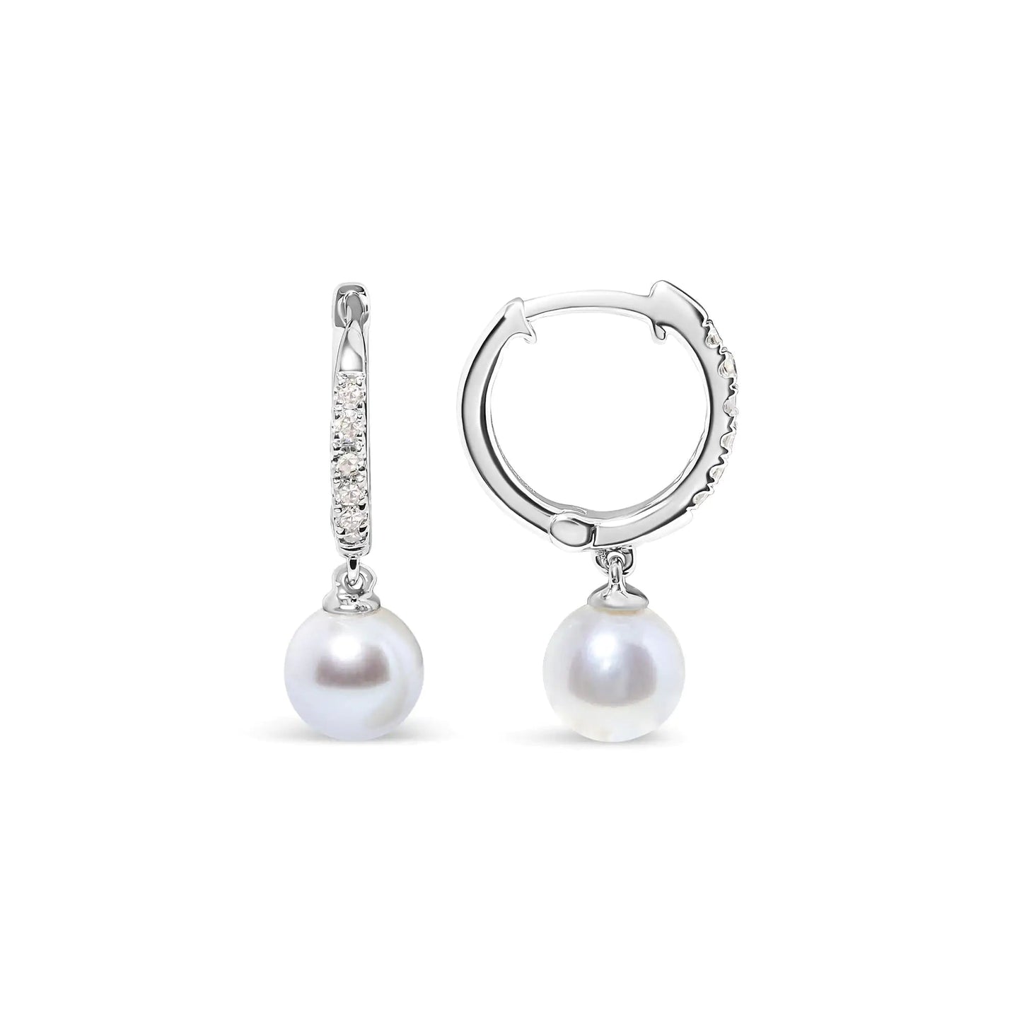 10K White Gold 6x6 MM Cultured Freshwater Pearl and Diamond Accent Drop Huggy Earring (H - I Color, I1 - I2 Clarity) | | Elegant Emulations Jewelry USA