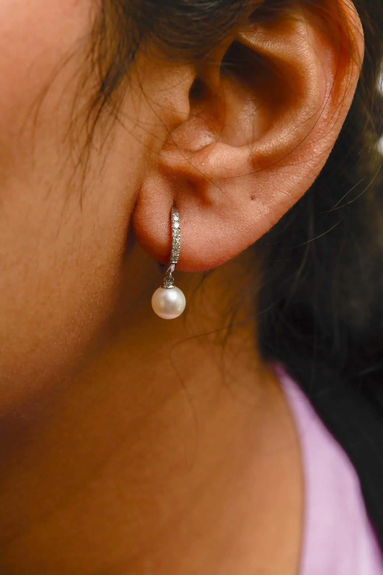 10K White Gold 6x6 MM Cultured Freshwater Pearl and Diamond Accent Drop Huggy Earring (H - I Color, I1 - I2 Clarity) | | Elegant Emulations Jewelry USA
