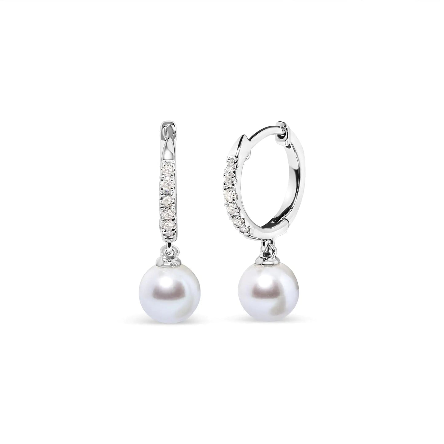 10K White Gold 6x6 MM Cultured Freshwater Pearl and Diamond Accent Drop Huggy Earring (H - I Color, I1 - I2 Clarity) | | Elegant Emulations Jewelry USA