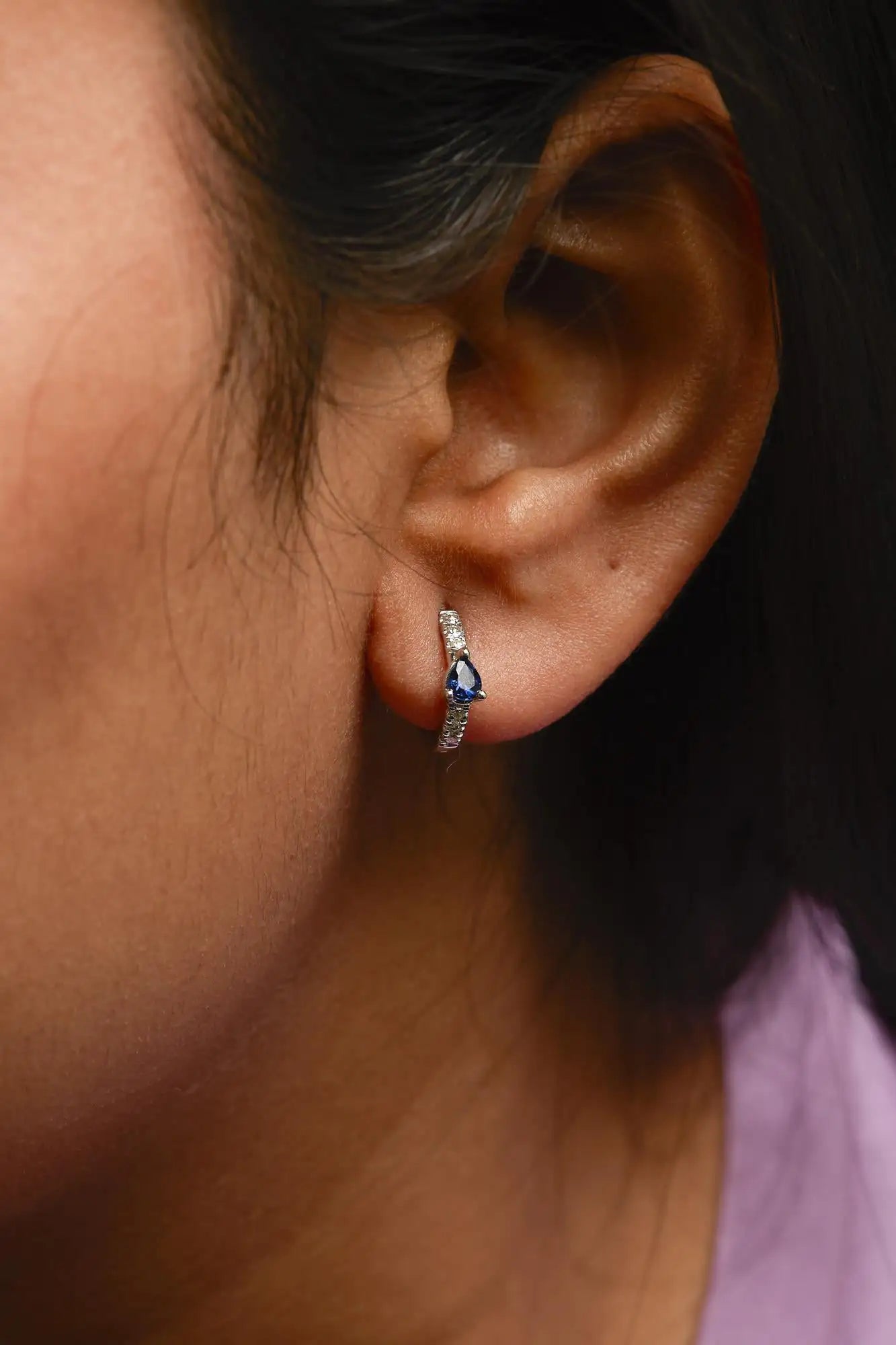 10K White Gold Pear Shaped Blue Sapphire and 1/10 Cttw Diamond Huggy Hoop Earrings (H - I Color, I1 - I2 Clarity) | | Elegant Emulations Jewelry USA