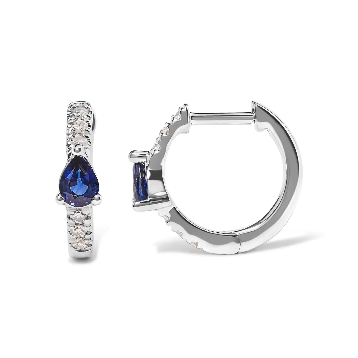 10K White Gold Pear Shaped Blue Sapphire and 1/10 Cttw Diamond Huggy Hoop Earrings (H - I Color, I1 - I2 Clarity) | | Elegant Emulations Jewelry USA