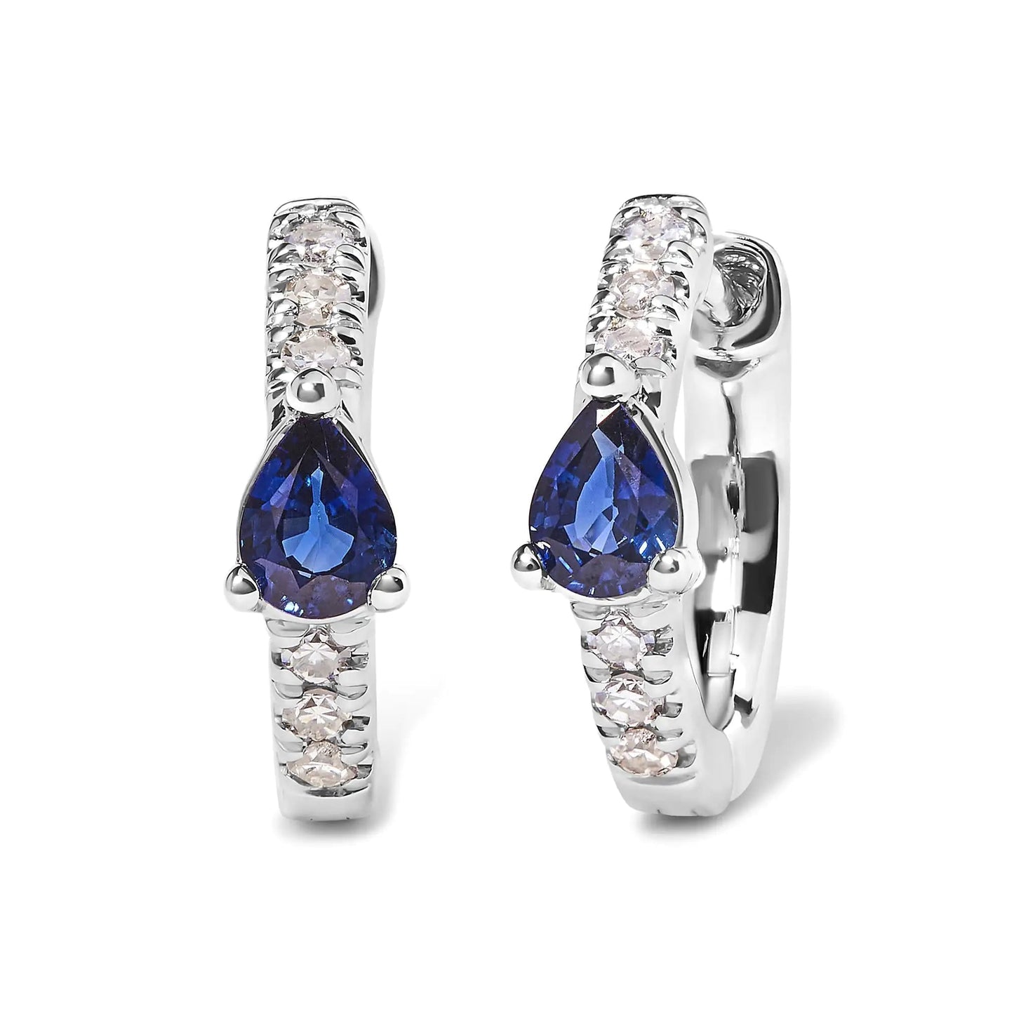 10K White Gold Pear Shaped Blue Sapphire and 1/10 Cttw Diamond Huggy Hoop Earrings (H - I Color, I1 - I2 Clarity) | | Elegant Emulations Jewelry USA
