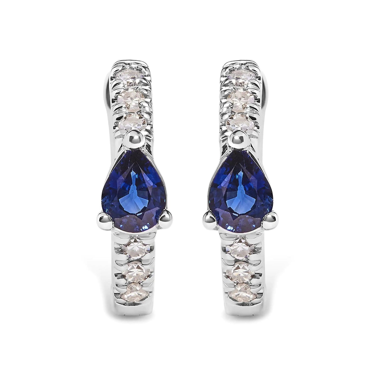 10K White Gold Pear Shaped Blue Sapphire and 1/10 Cttw Diamond Huggy Hoop Earrings (H - I Color, I1 - I2 Clarity) | | Elegant Emulations Jewelry USA
