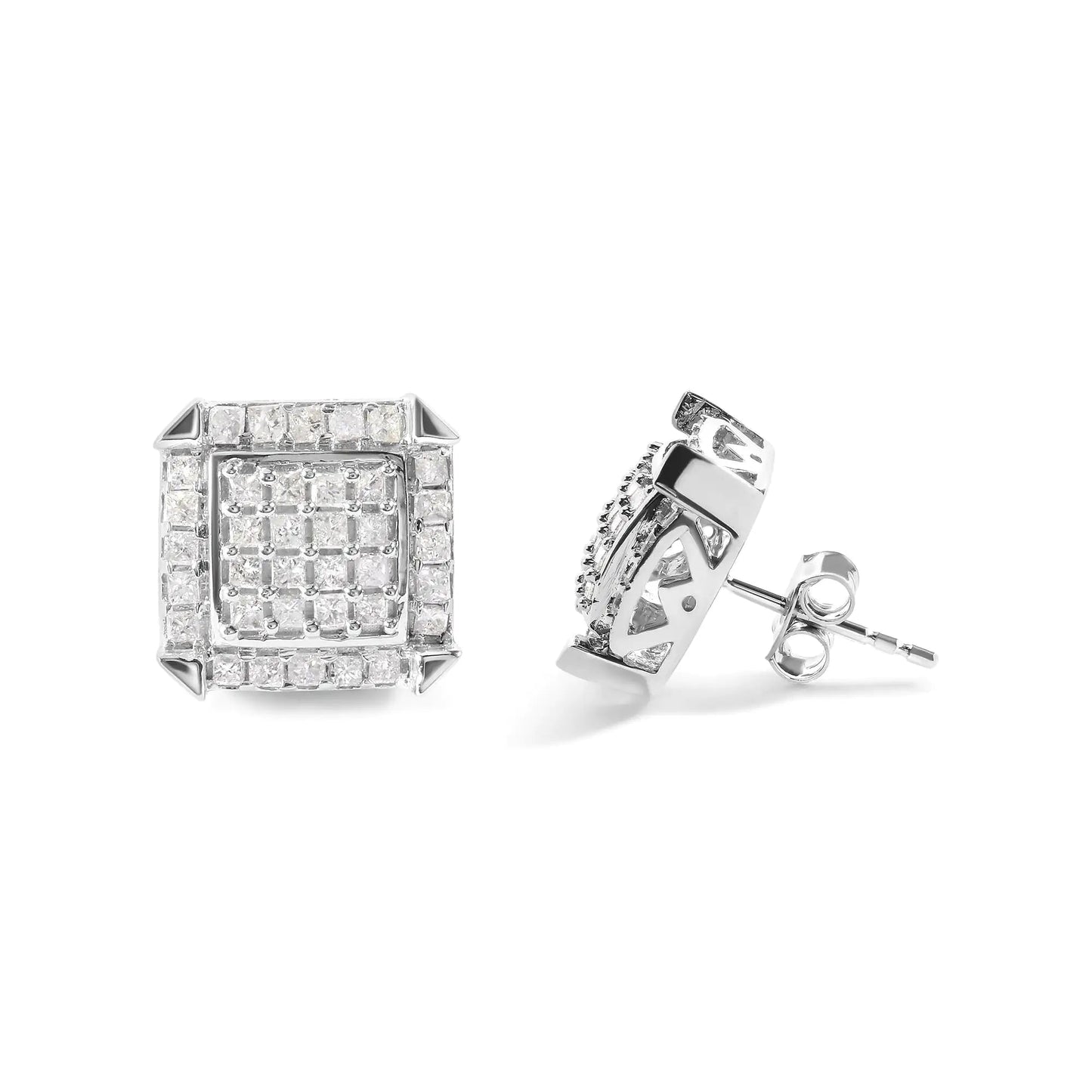10K White Gold Princess Diamond Halo Studs 1.1cttw | Earrings | Elegant Emulations Jewelry USA