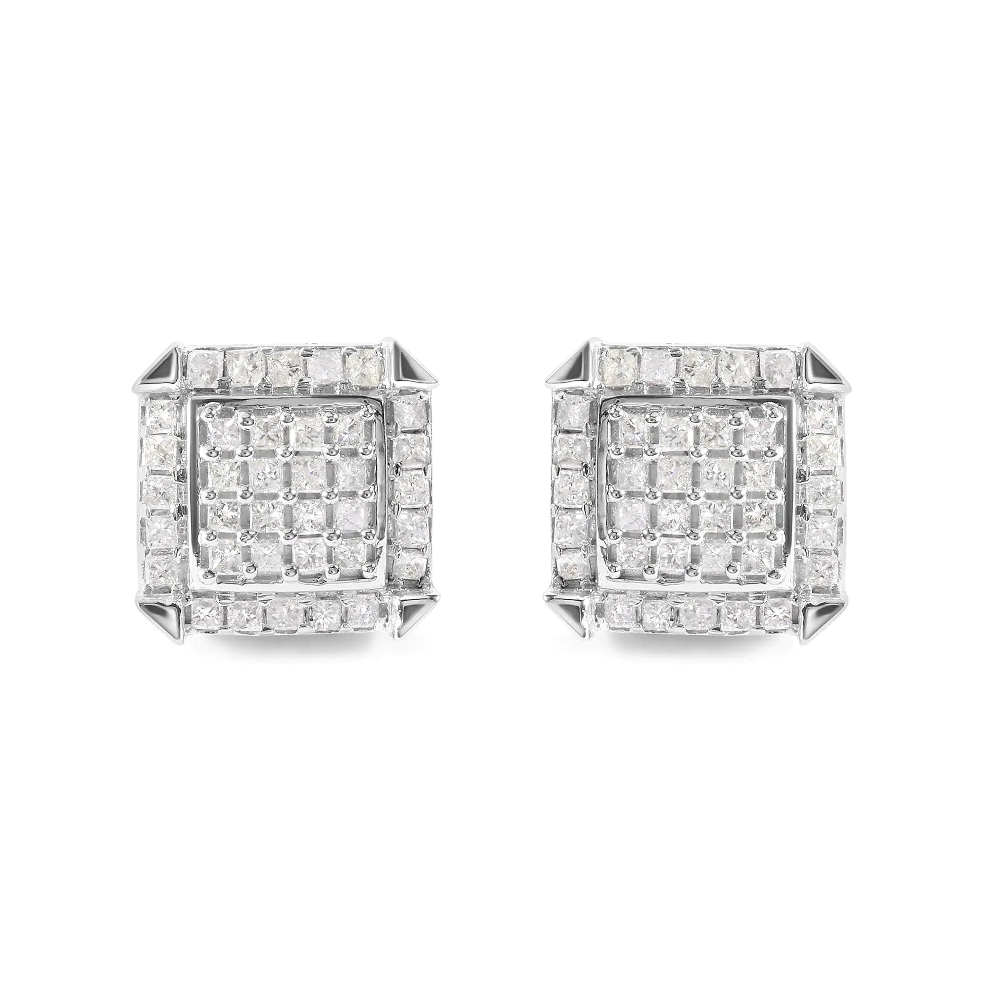 10K White Gold Princess Diamond Halo Studs 1.1cttw | Earrings | Elegant Emulations Jewelry USA