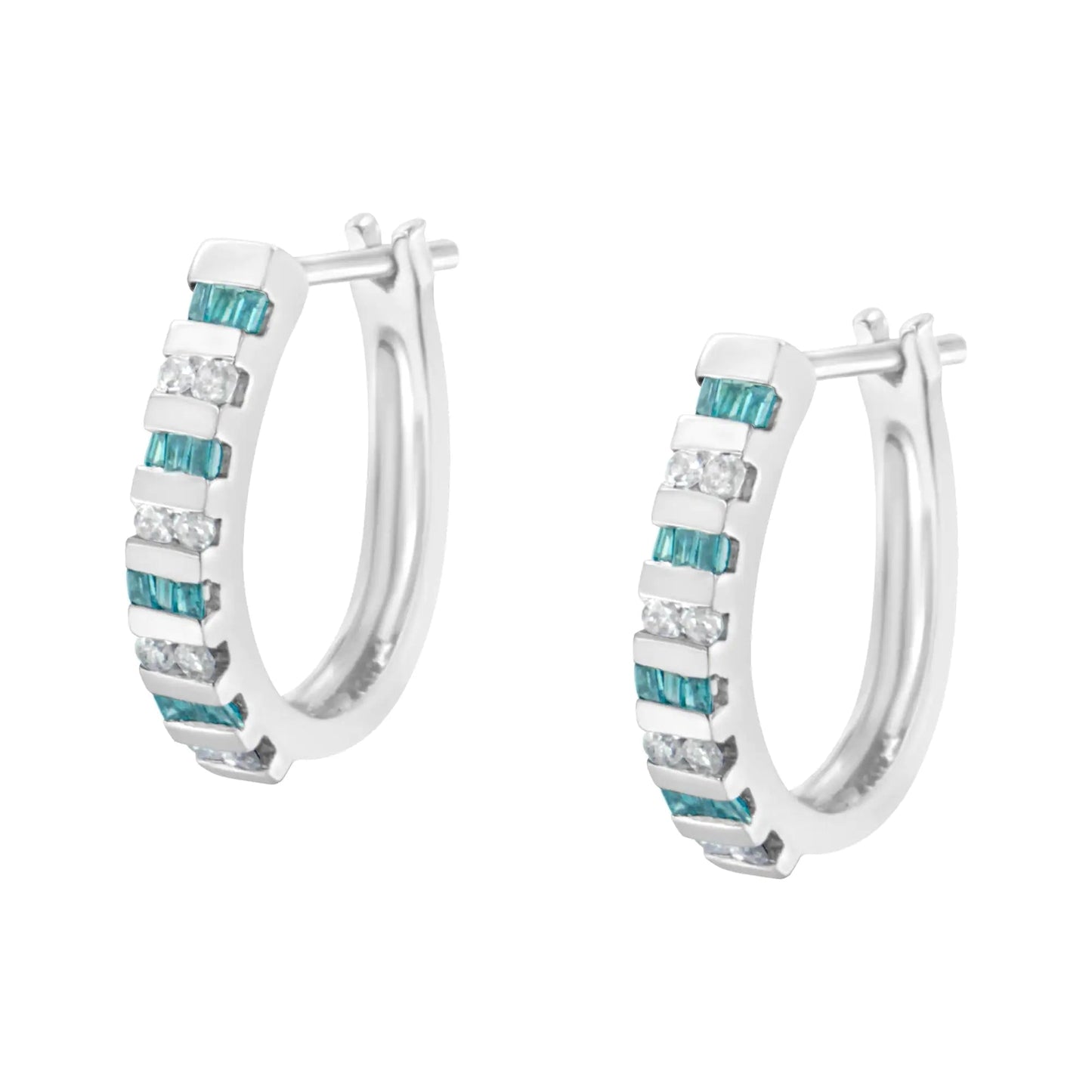 10k White Gold Round and Blue Baguette Diamond Hoop Earrings (0.50 cttw, I - J Color, I2 - I3 Clarity) | | Elegant Emulations Jewelry USA