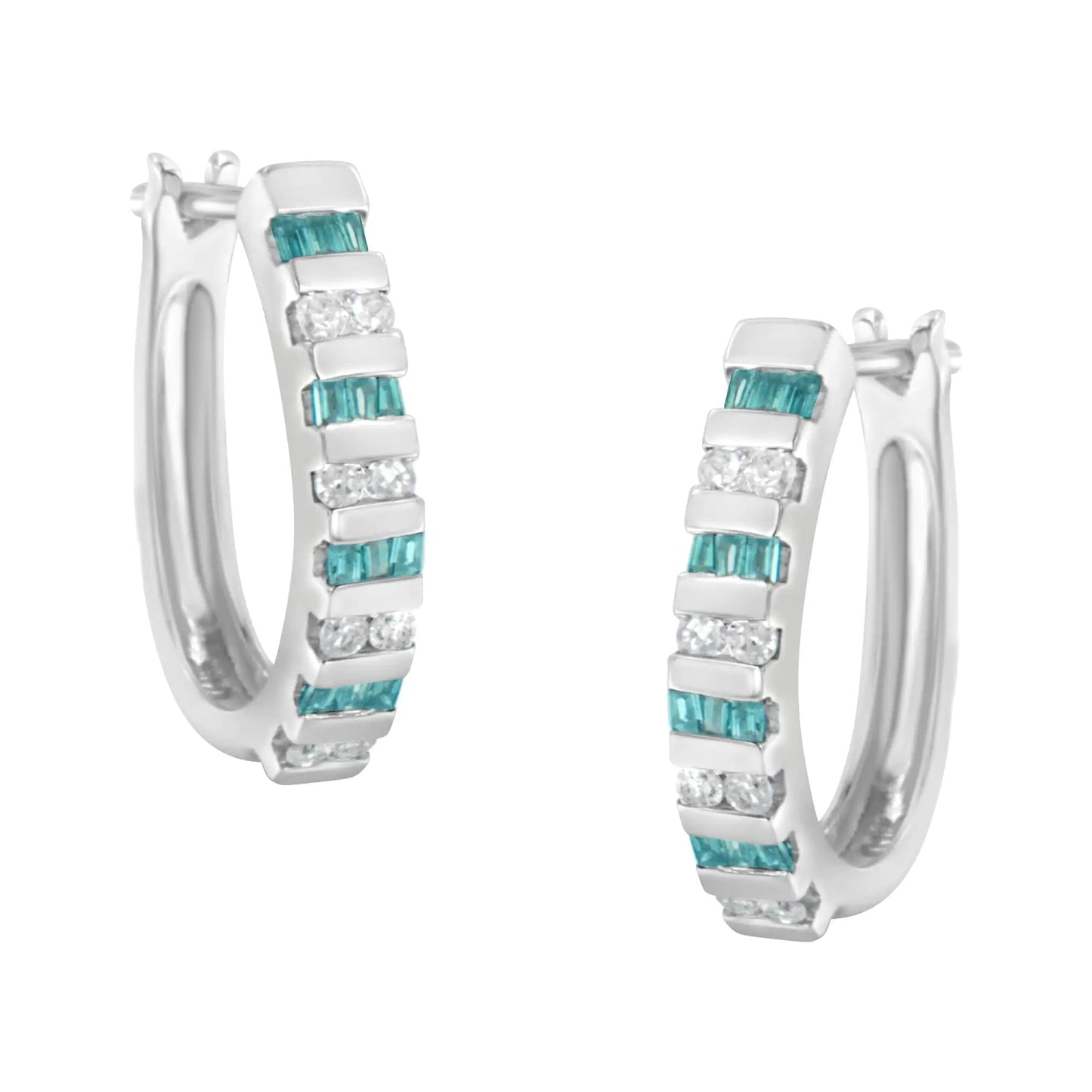 10k White Gold Round and Blue Baguette Diamond Hoop Earrings (0.50 cttw, I - J Color, I2 - I3 Clarity) | | Elegant Emulations Jewelry USA