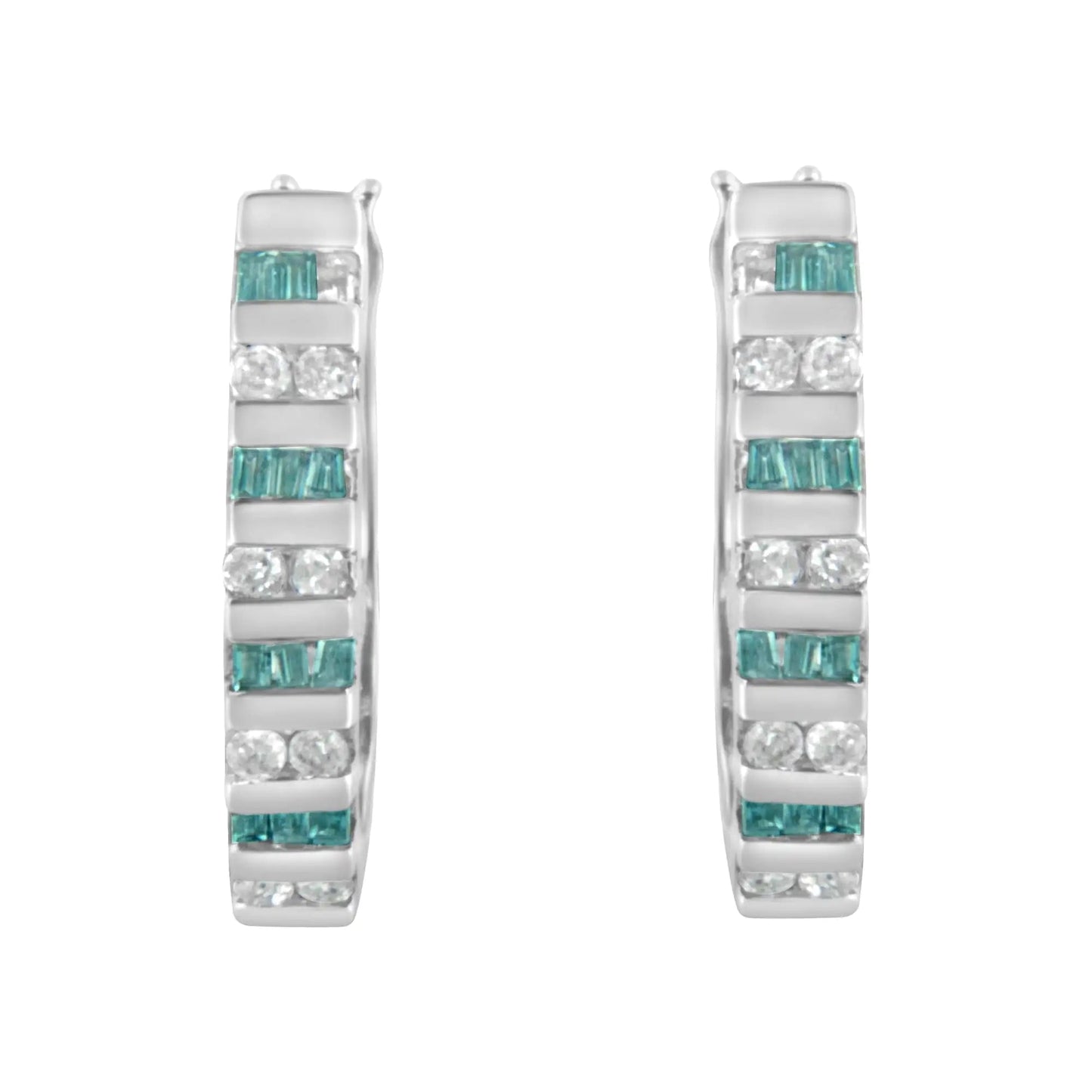 10k White Gold Round and Blue Baguette Diamond Hoop Earrings (0.50 cttw, I - J Color, I2 - I3 Clarity) | | Elegant Emulations Jewelry USA