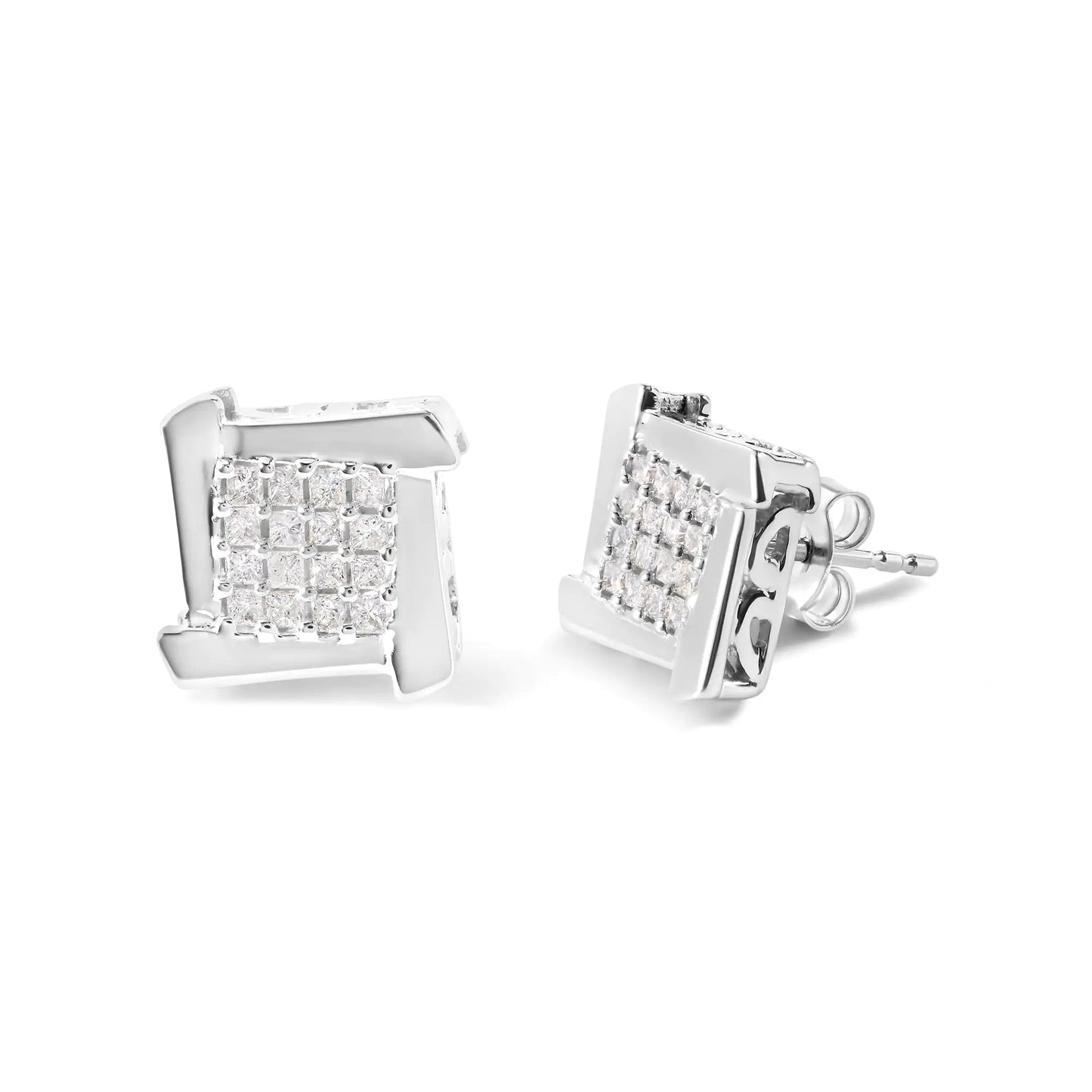 10K White Gold Swirl Princess Diamond Studs - 1/2 Cttw | Earrings | Elegant Emulations Jewelry USA