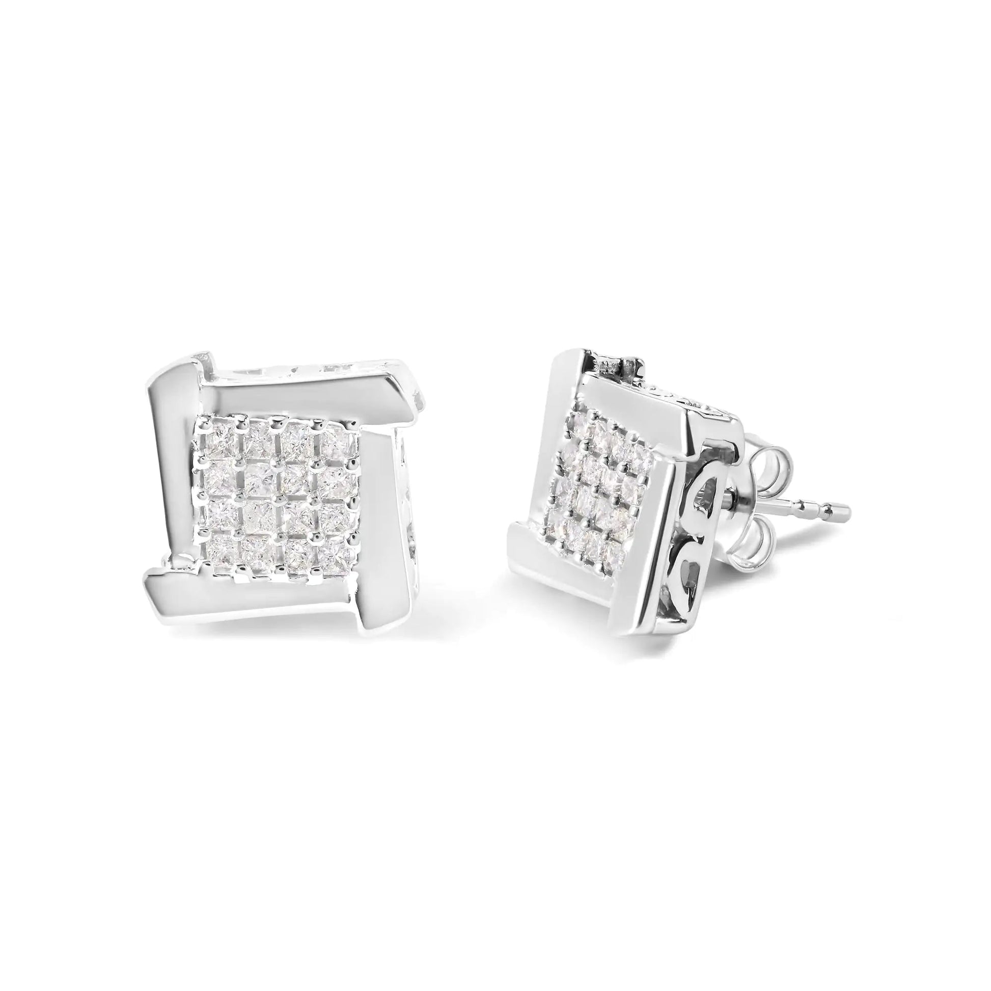 10K White Gold Swirl Princess Diamond Studs - 1/2 Cttw | Earrings | Elegant Emulations Jewelry USA