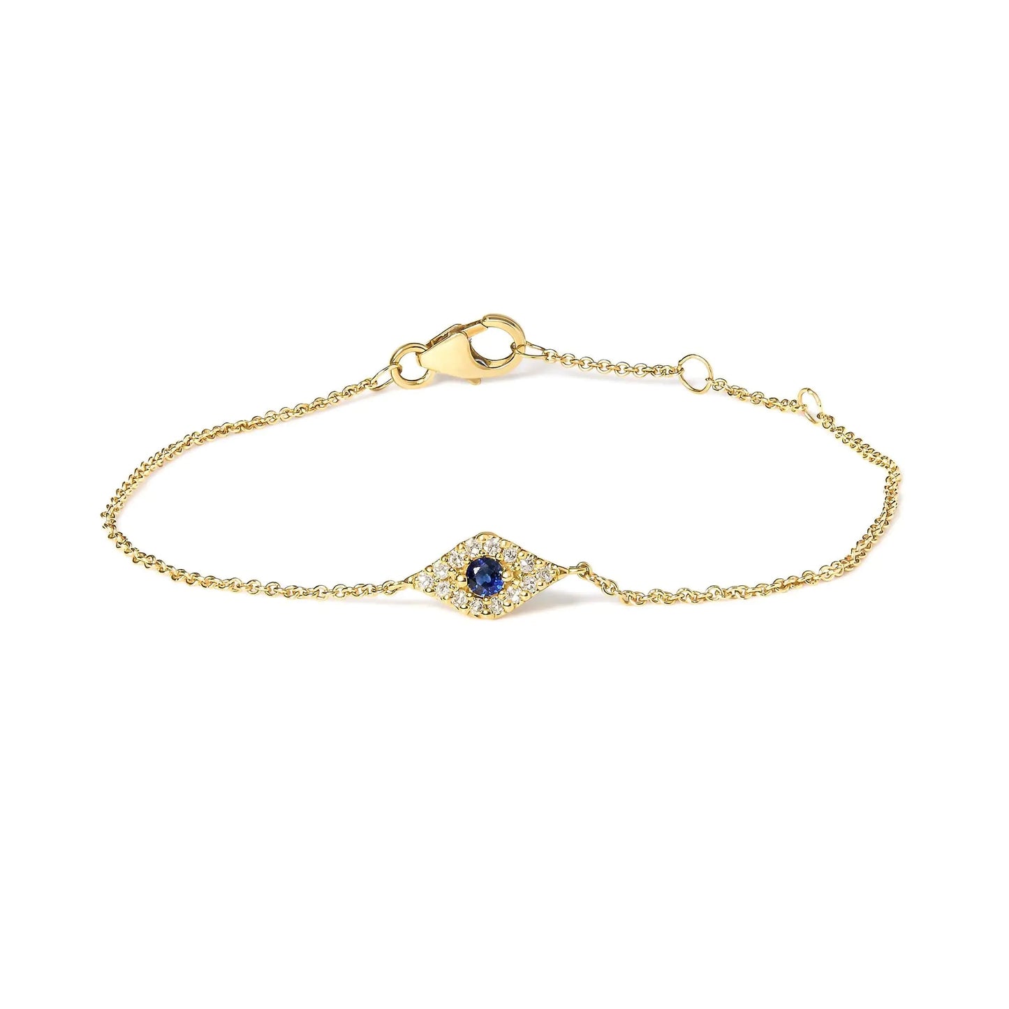 10K Yellow Gold Blue Sapphire and Diamond Accent Evil Eye Station Link Bracelet (H - I Color, I1 - I2 Clarity) - Size 7" | | Elegant Emulations Jewelry USA