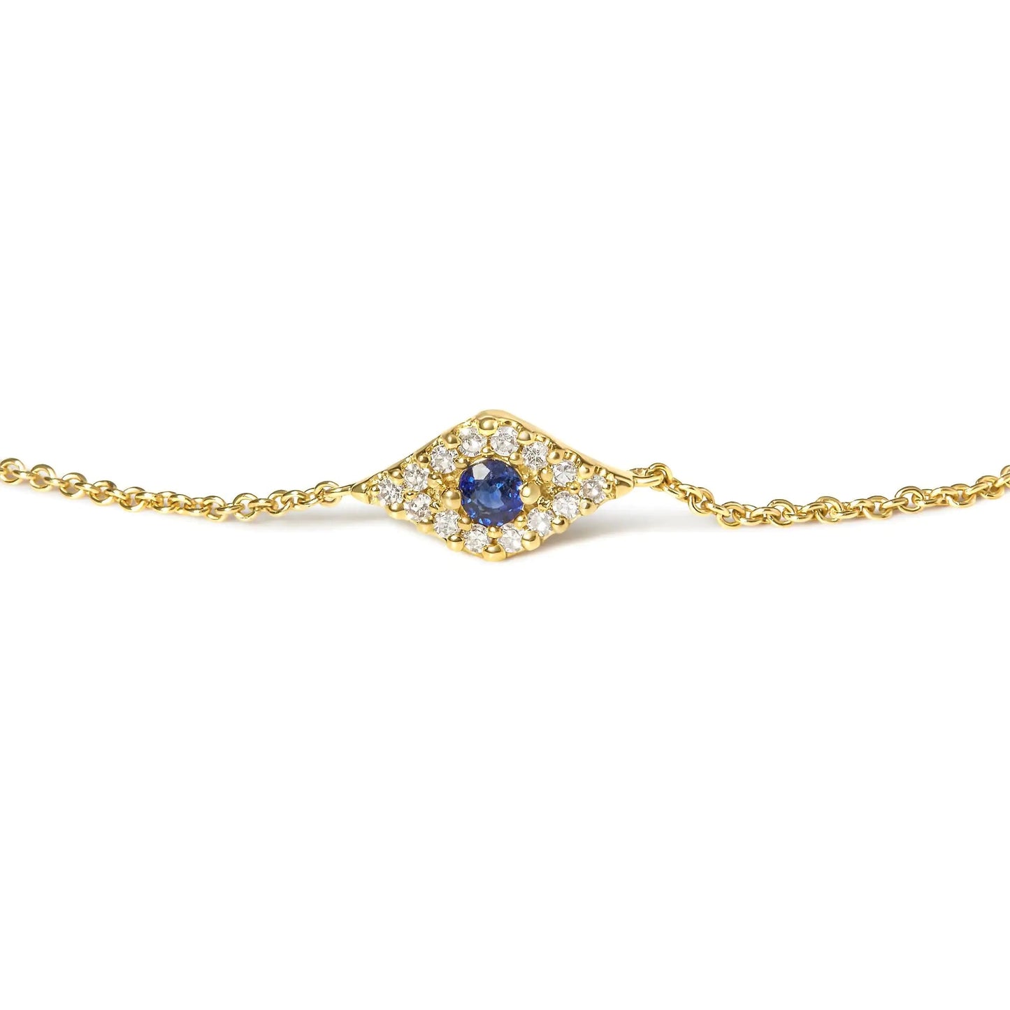 10K Yellow Gold Blue Sapphire and Diamond Accent Evil Eye Station Link Bracelet (H - I Color, I1 - I2 Clarity) - Size 7" | | Elegant Emulations Jewelry USA