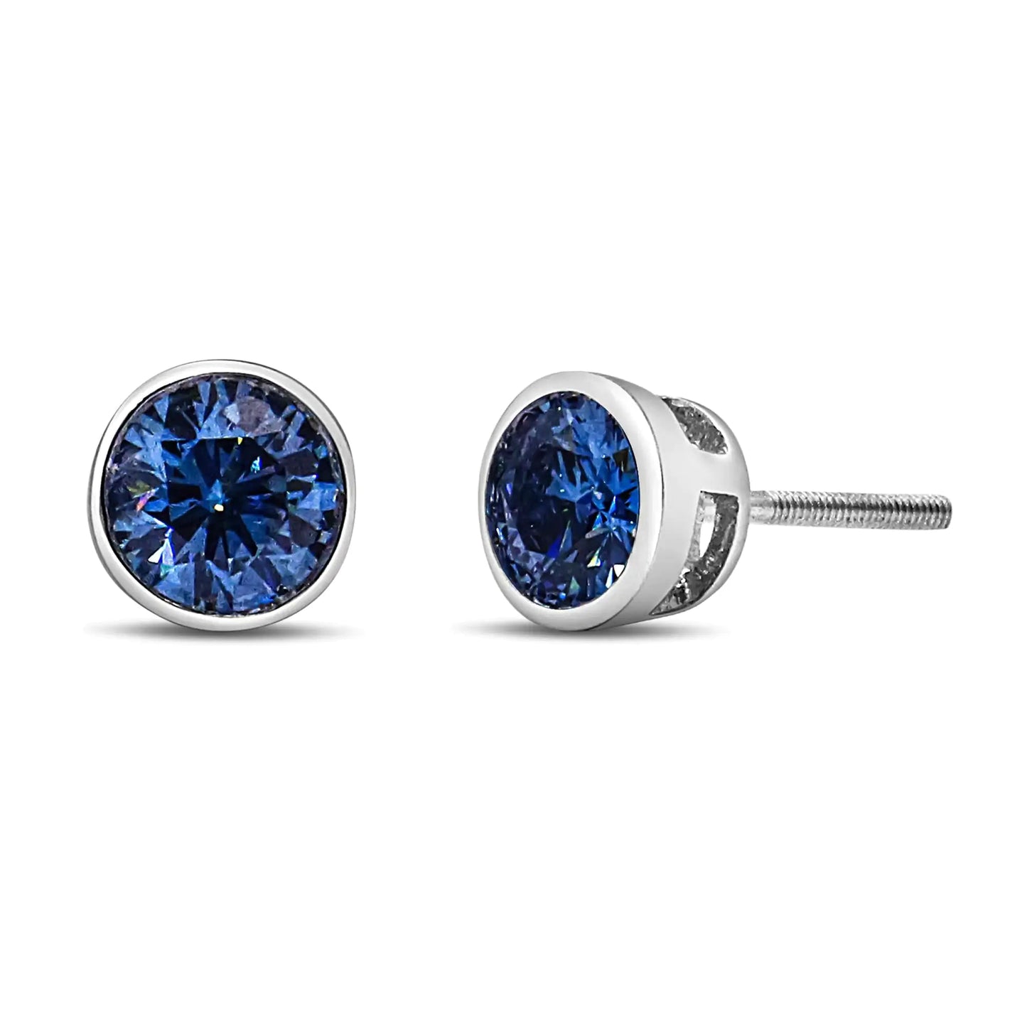 14K White Gold 1.0 Cttw Blue Lab Grown Diamond Screw - Back Classic Bezel Solitaire Stud Earrings (Blue Color, VS2 - SI1 Clarity) | | Elegant Emulations Jewelry USA