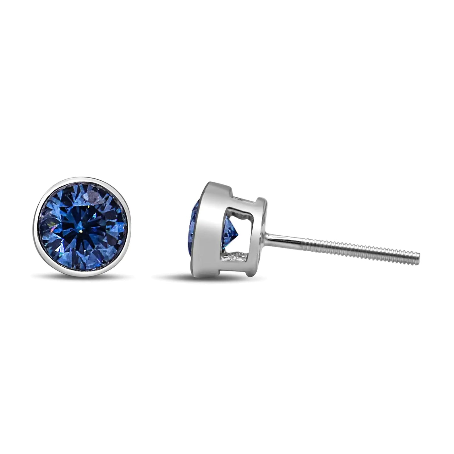 14K White Gold 1.0 Cttw Blue Lab Grown Diamond Screw - Back Classic Bezel Solitaire Stud Earrings (Blue Color, VS2 - SI1 Clarity) | | Elegant Emulations Jewelry USA