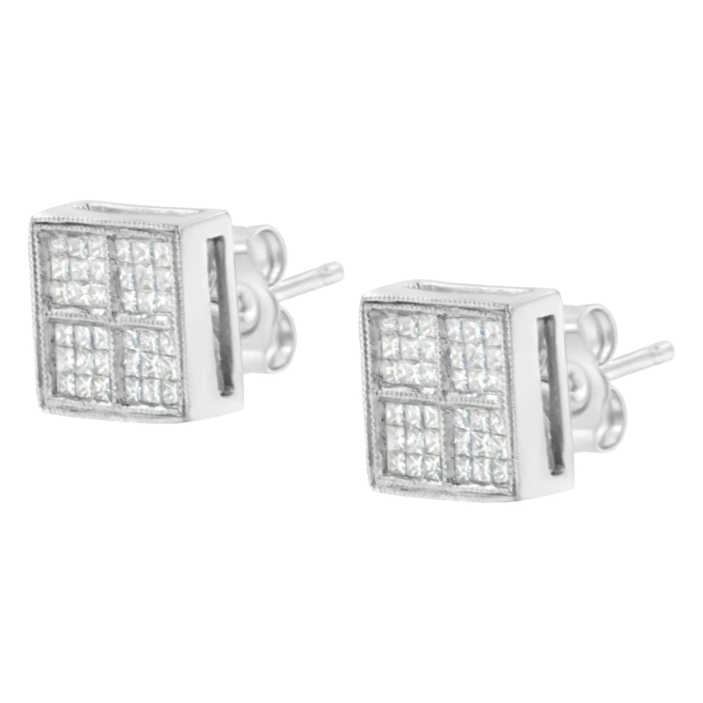 14K White Gold 1/2 Cttw Princess Diamond Composite Box Shape Milgrain Stud Earrings (H - I Color, SI1 - SI2 Clarity) | | Elegant Emulations Jewelry USA
