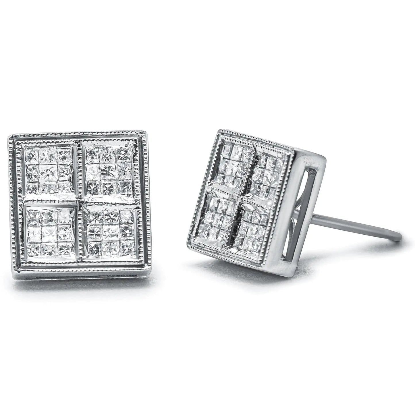 14K White Gold 1/2 Cttw Princess Diamond Composite Box Shape Milgrain Stud Earrings (H - I Color, SI1 - SI2 Clarity) | | Elegant Emulations Jewelry USA