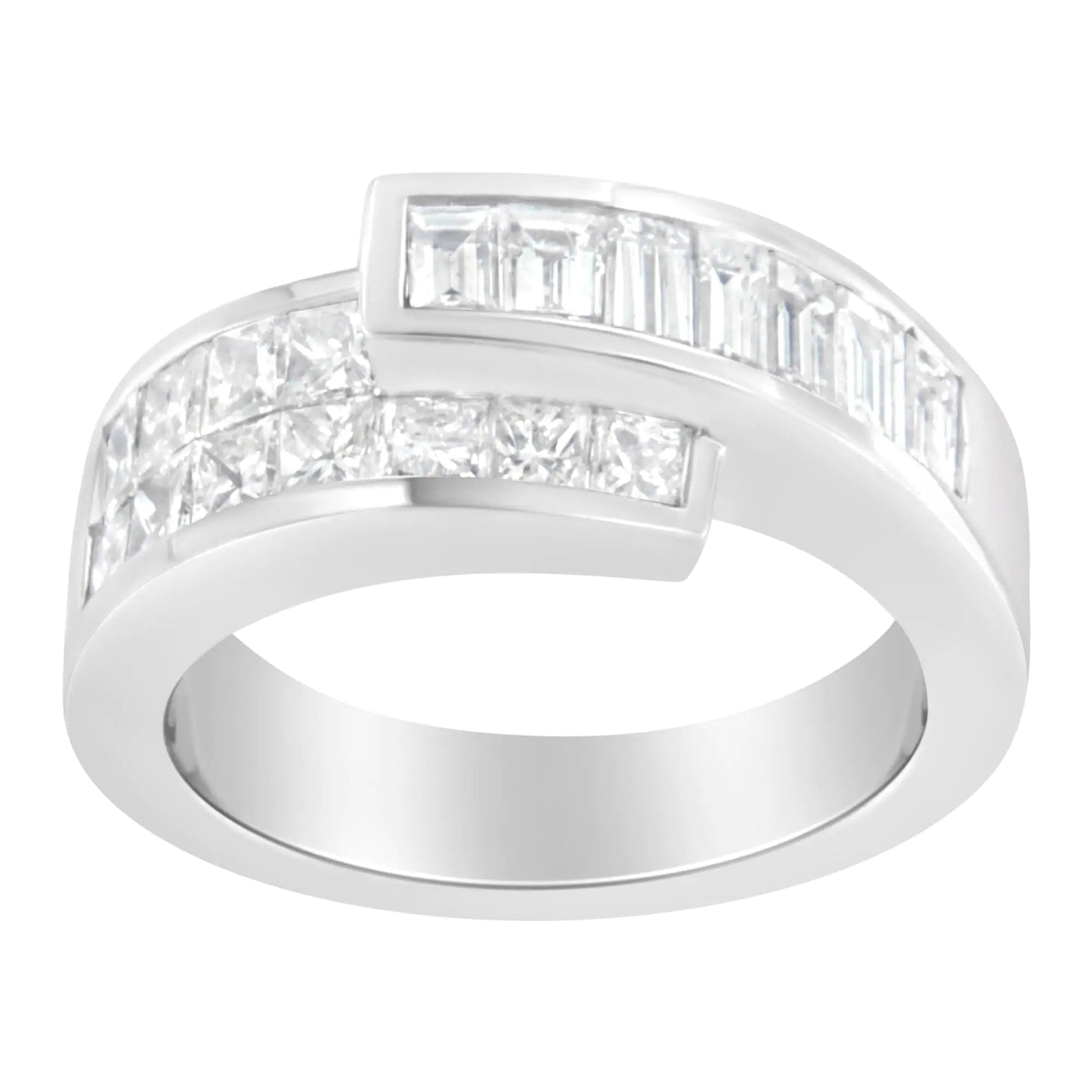 14K White Gold 2.0 Cttw Channel - Set Princess and Baguette - Cut Diamond Bypass Ring Band (G - H Color, SI1 - SI2 Clarity) | | Elegant Emulations Jewelry USA