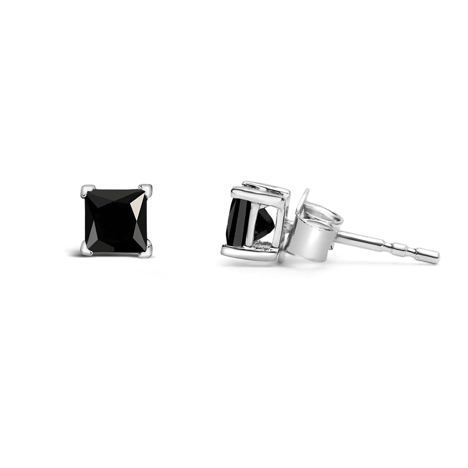 14K White Gold Princess - Cut Treated Black Diamond Classic 4 - Prong Stud Earrings - Pushback | | Elegant Emulations Jewelry USA