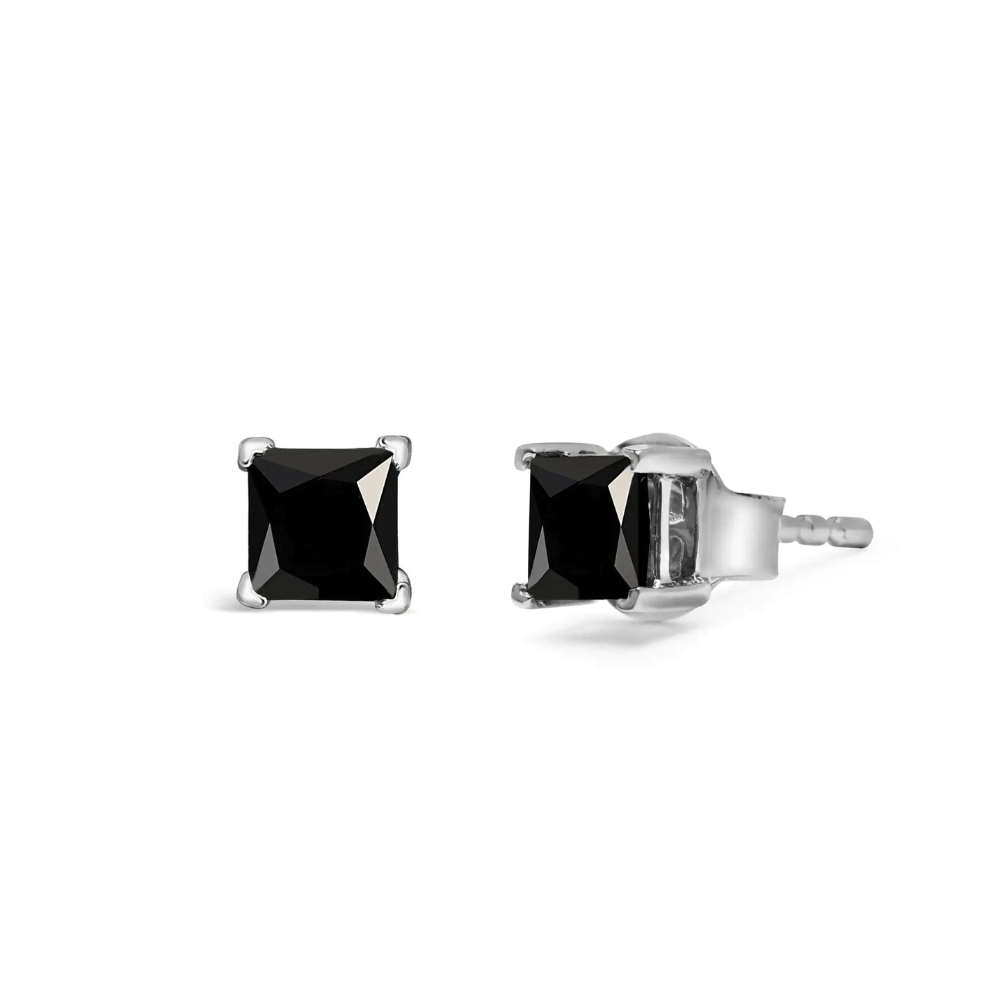 14K White Gold Princess - Cut Treated Black Diamond Classic 4 - Prong Stud Earrings - Pushback | | Elegant Emulations Jewelry USA