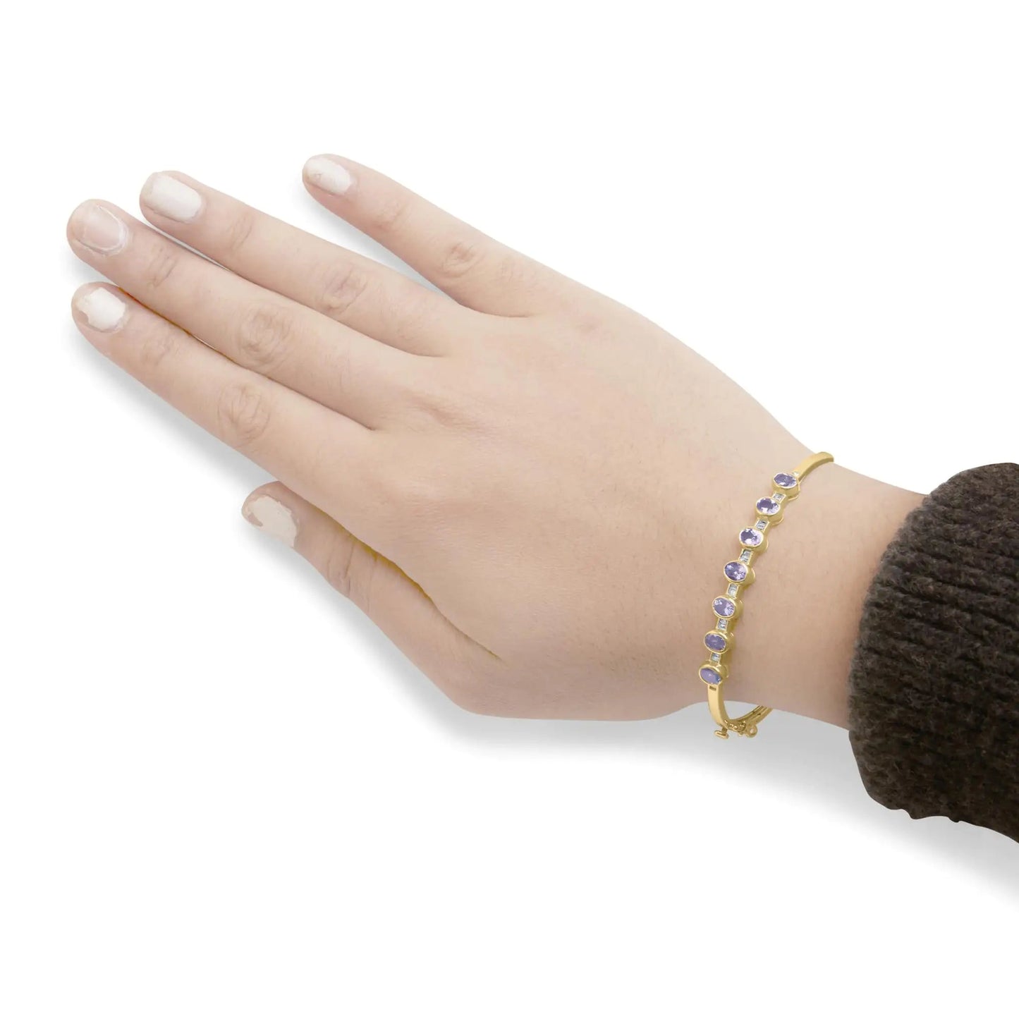 14K Yellow Gold Alternating Bezel Set 5MM Oval Shaped Tanzanite and 1/5 Cttw Diamond Bangle Bracelet (H - I Color, VS2 - SI1 Clarity) - Fit's wrists up to 7.25" Inches | | Elegant Emulations Jewelry USA