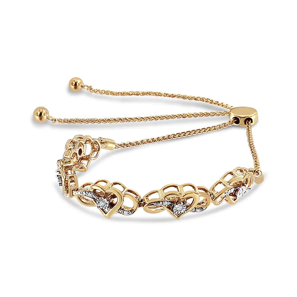 14K Yellow Gold Plated .925 Sterling Silver 1/10 Cttw Diamond Infinity Heart Shaped 4” - 10” Adjustable Bolo Bracelet (H - I Color, I2 - I3 Clarity) | | Elegant Emulations Jewelry USA