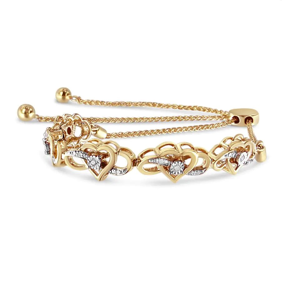 14K Yellow Gold Plated .925 Sterling Silver 1/10 Cttw Diamond Infinity Heart Shaped 4” - 10” Adjustable Bolo Bracelet (H - I Color, I2 - I3 Clarity) | | Elegant Emulations Jewelry USA