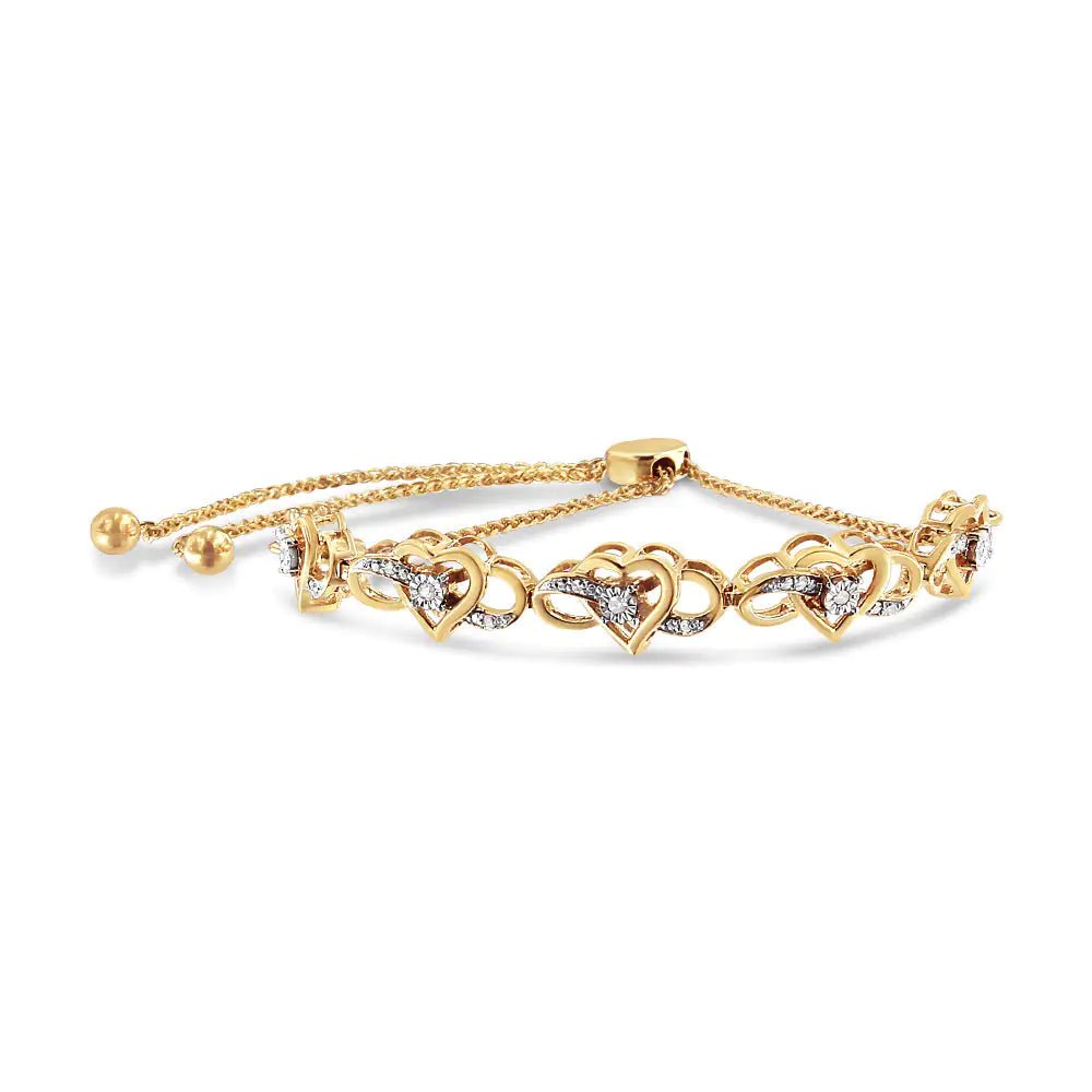 14K Yellow Gold Plated .925 Sterling Silver 1/10 Cttw Diamond Infinity Heart Shaped 4” - 10” Adjustable Bolo Bracelet (H - I Color, I2 - I3 Clarity) | | Elegant Emulations Jewelry USA