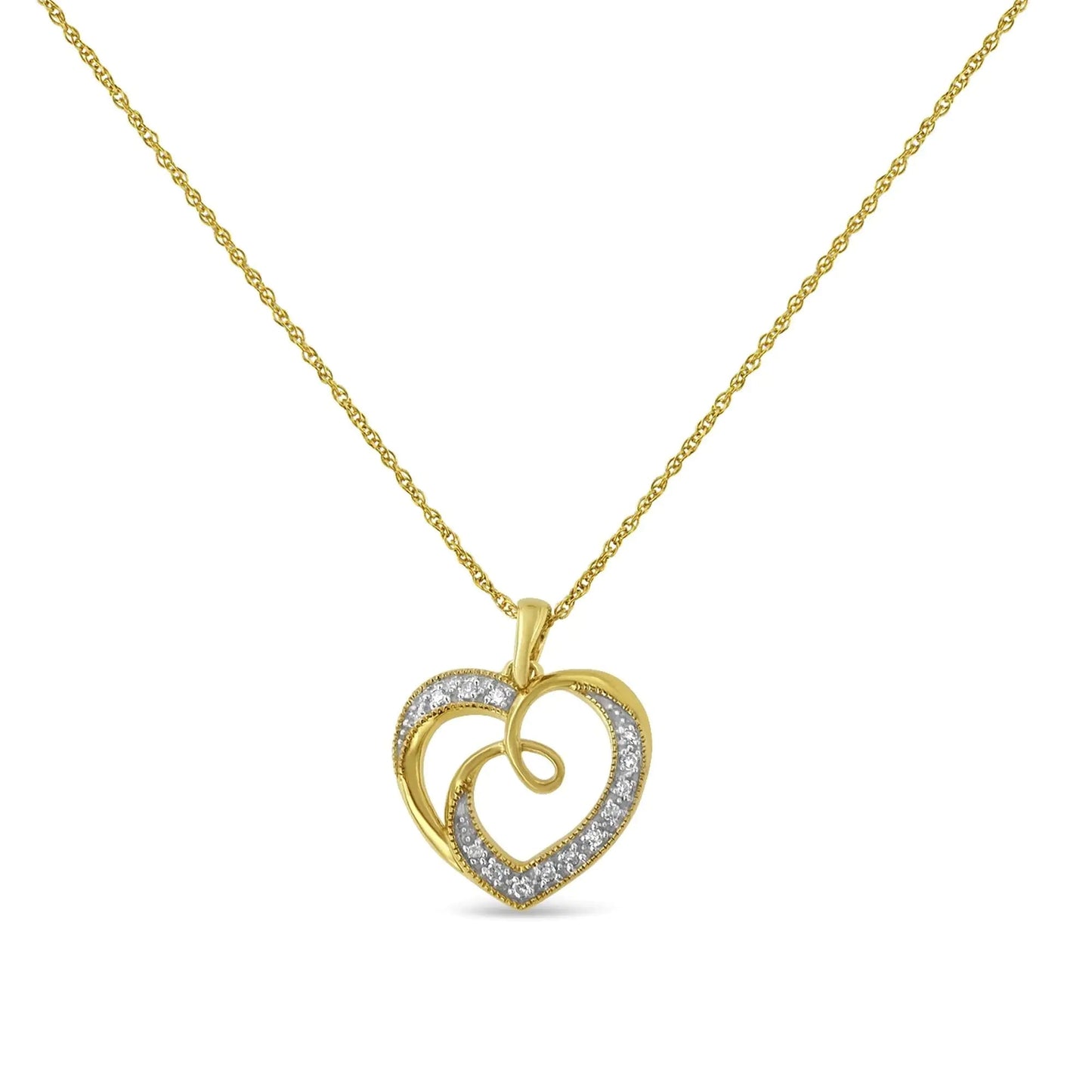 14K Yellow Gold Plated .925 Sterling Silver Diamond Accent Ribbon & Heart 18" Pendant Necklace (H - I Color, I2 - I3 Clarity) | | Elegant Emulations Jewelry USA