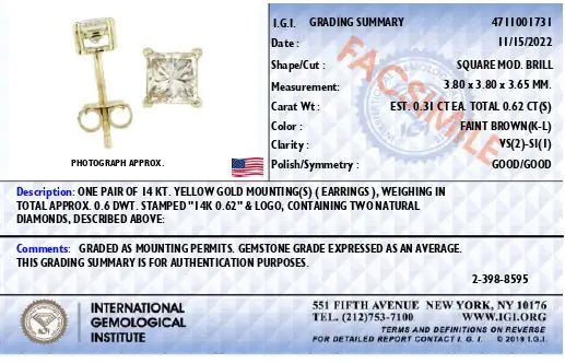 14K Yellow Gold Princess Brown Diamond Studs | Earrings | Elegant Emulations Jewelry USA