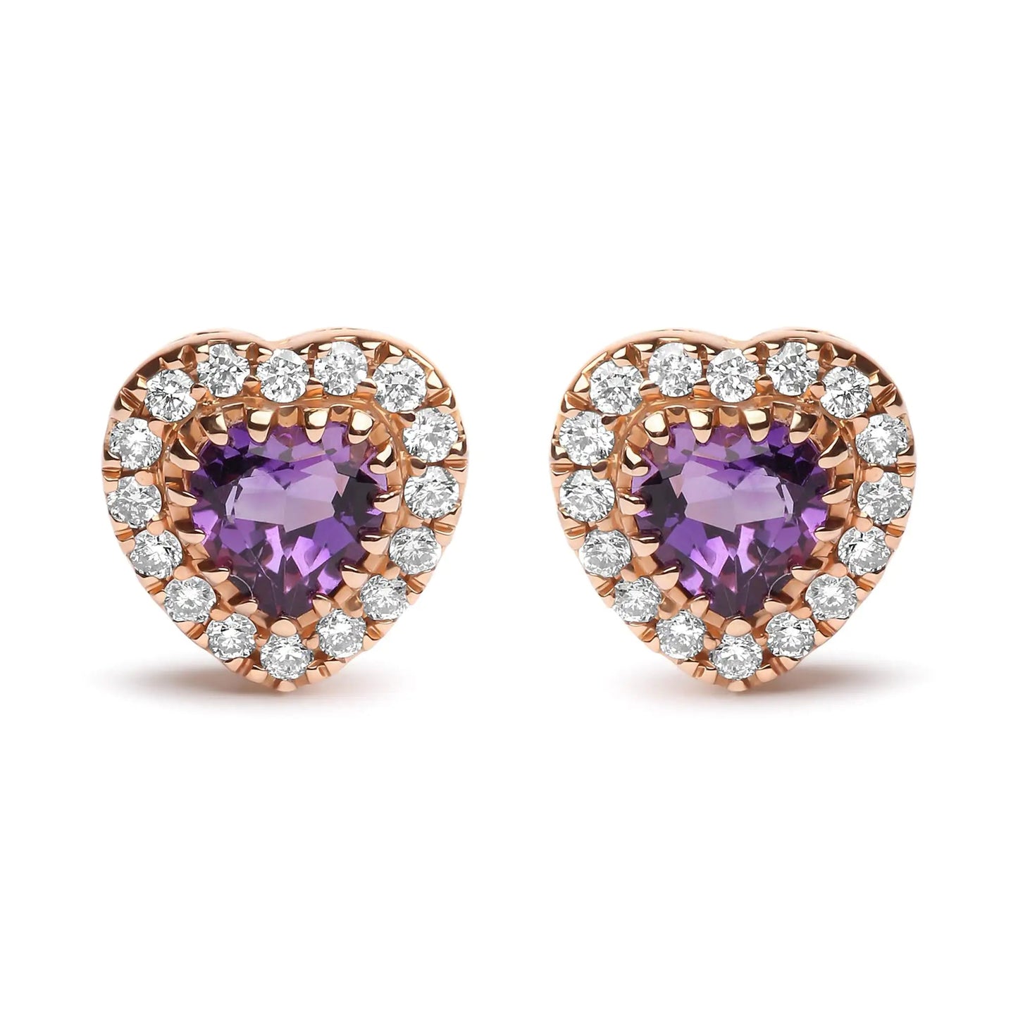 18K Dual - Tone Gold Amethyst Heart Halo Studs 1/6 Cttw Diamonds | Earrings | Elegant Emulations Jewelry USA
