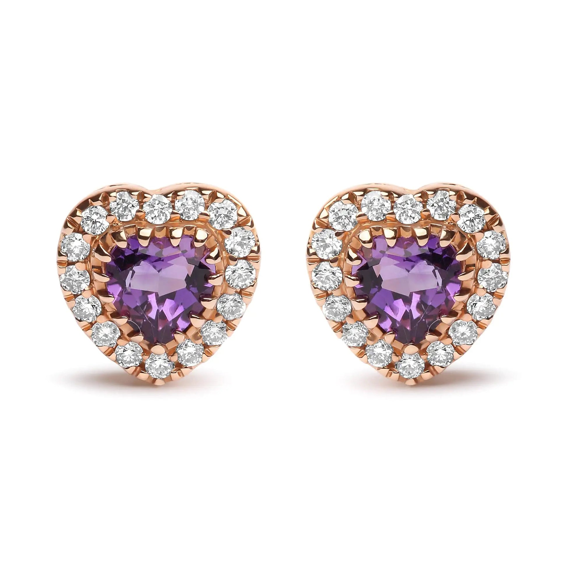 18K Dual - Tone Gold Amethyst Heart Halo Studs 1/6 Cttw Diamonds | Earrings | Elegant Emulations Jewelry USA