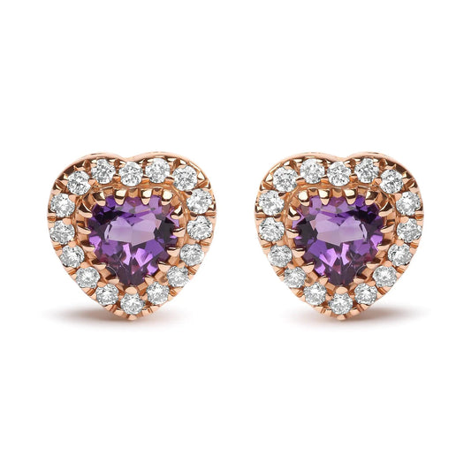 18K Dual - Tone Gold Amethyst Heart Halo Studs 1/6 Cttw Diamonds | Earrings | Elegant Emulations Jewelry USA