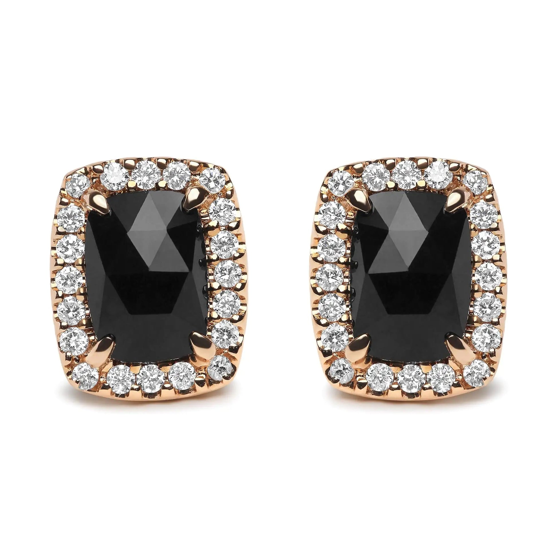 18K Rose and White Gold 1/4 Cttw Round Diamond and 8x6mm Cushion Cut Black Onyx Gemstone Halo Stud Earrings (G - H Color, SI1 - SI2 Clarity) | | Elegant Emulations Jewelry USA