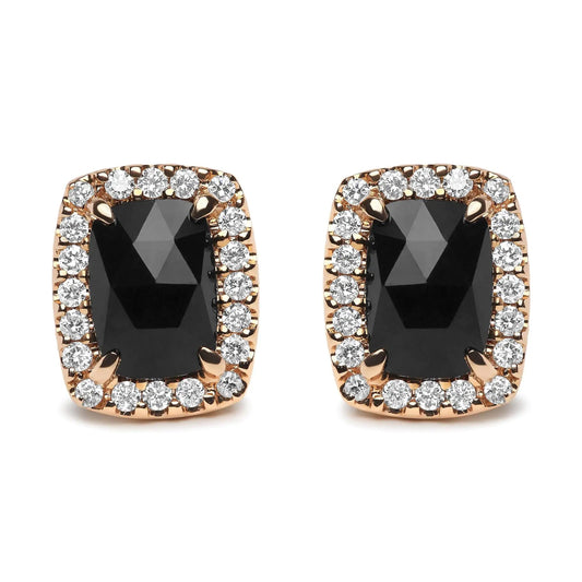 18K Rose and White Gold 1/4 Cttw Round Diamond and 8x6mm Cushion Cut Black Onyx Gemstone Halo Stud Earrings (G - H Color, SI1 - SI2 Clarity) | | Elegant Emulations Jewelry USA