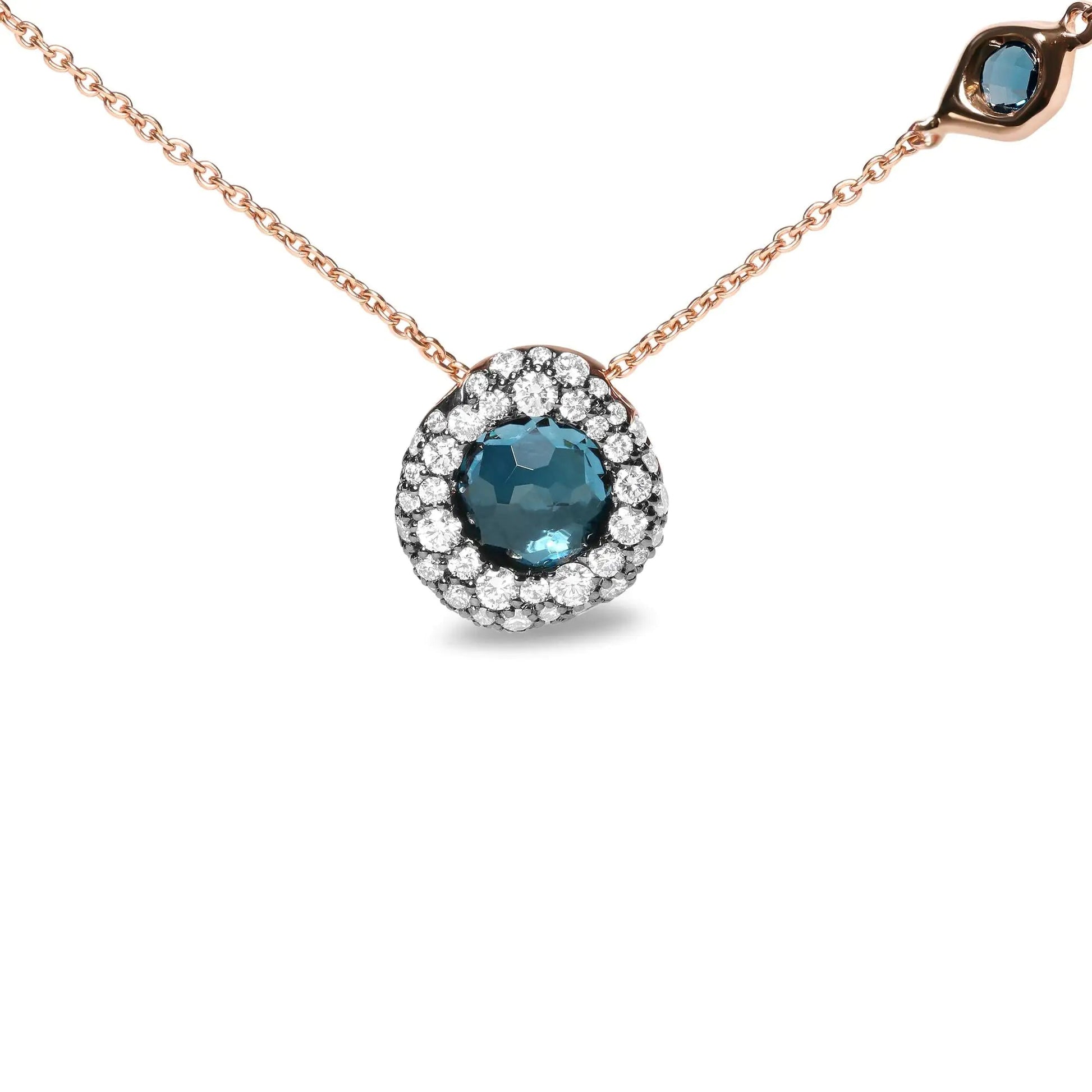 18K Rose Gold 5/8 Cttw Diamond and London Blue Topaz Gemstone Bezel - Set Cluster 18" Station Necklace (G - H Color, SI1 - SI2 Clarity) - Adjustable up to 16" - 18" | | Elegant Emulations Jewelry USA