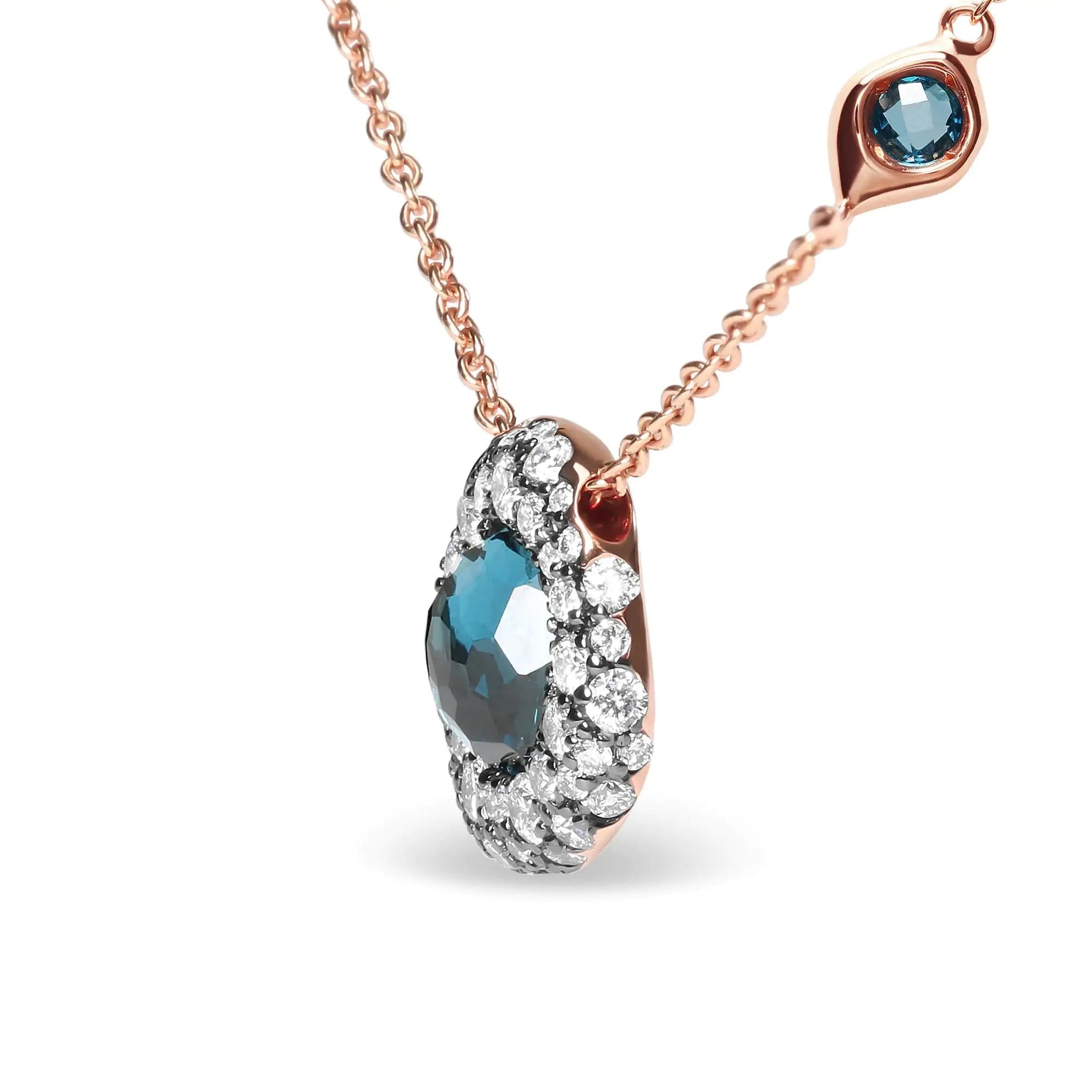18K Rose Gold 5/8 Cttw Diamond and London Blue Topaz Gemstone Bezel - Set Cluster 18" Station Necklace (G - H Color, SI1 - SI2 Clarity) - Adjustable up to 16" - 18" | | Elegant Emulations Jewelry USA