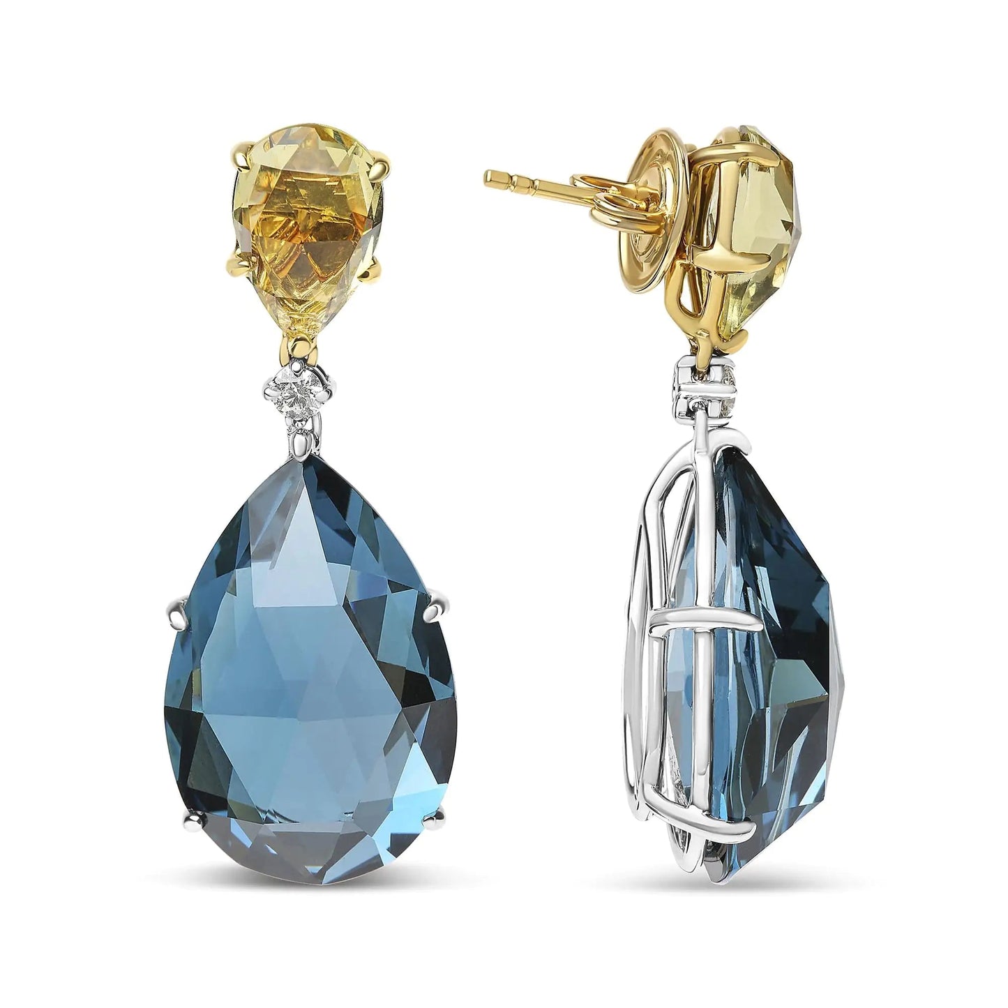18K White and Yellow Gold 1/5 Cttw Diamond with Pear Cut Lemon Quartz and Pear Cut London Blue Topaz Gemstone Dangle Earring (G - H Color, SI1 - SI2 Clarity) | | Elegant Emulations Jewelry USA