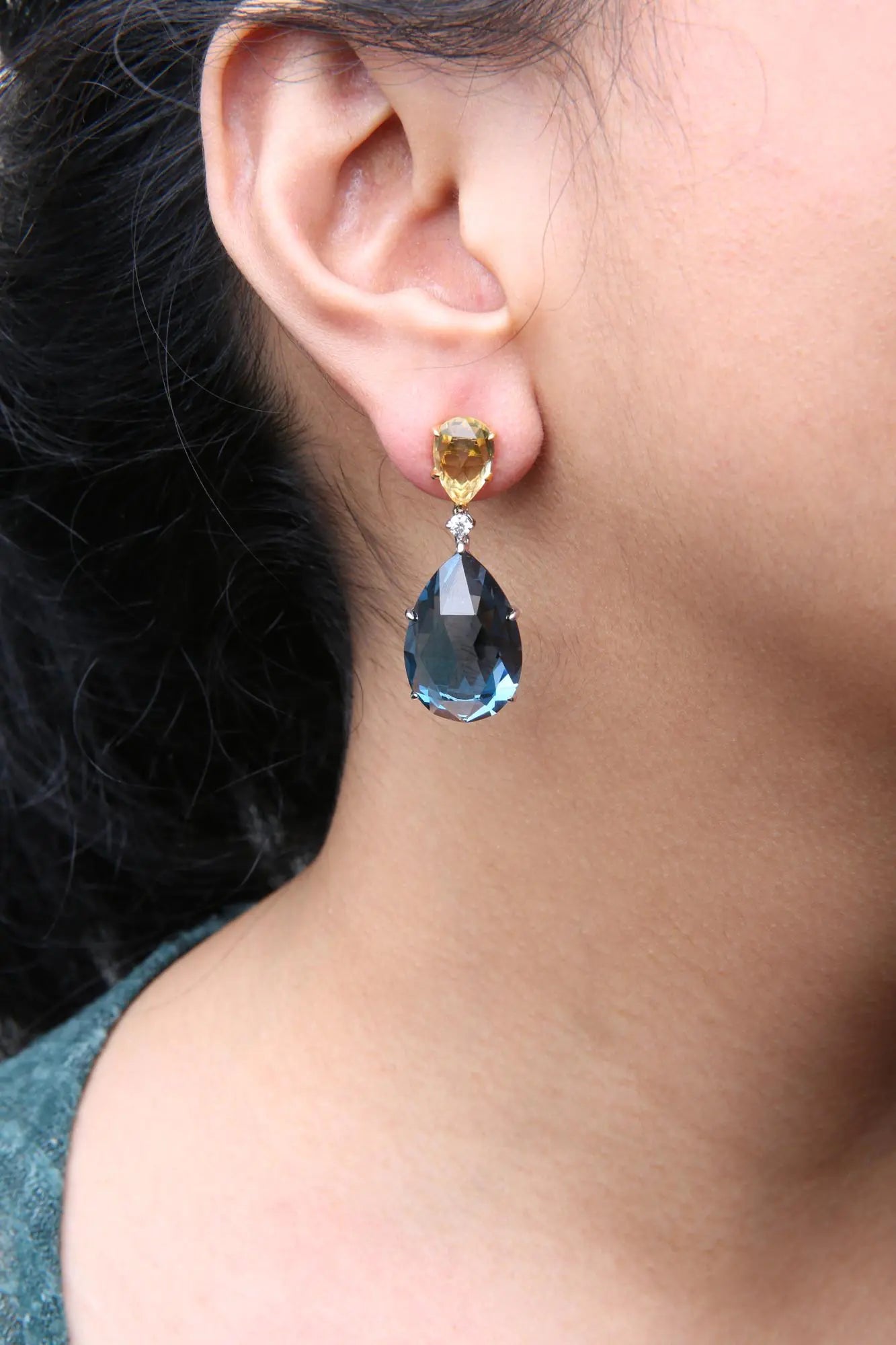 18K White and Yellow Gold 1/5 Cttw Diamond with Pear Cut Lemon Quartz and Pear Cut London Blue Topaz Gemstone Dangle Earring (G - H Color, SI1 - SI2 Clarity) | | Elegant Emulations Jewelry USA