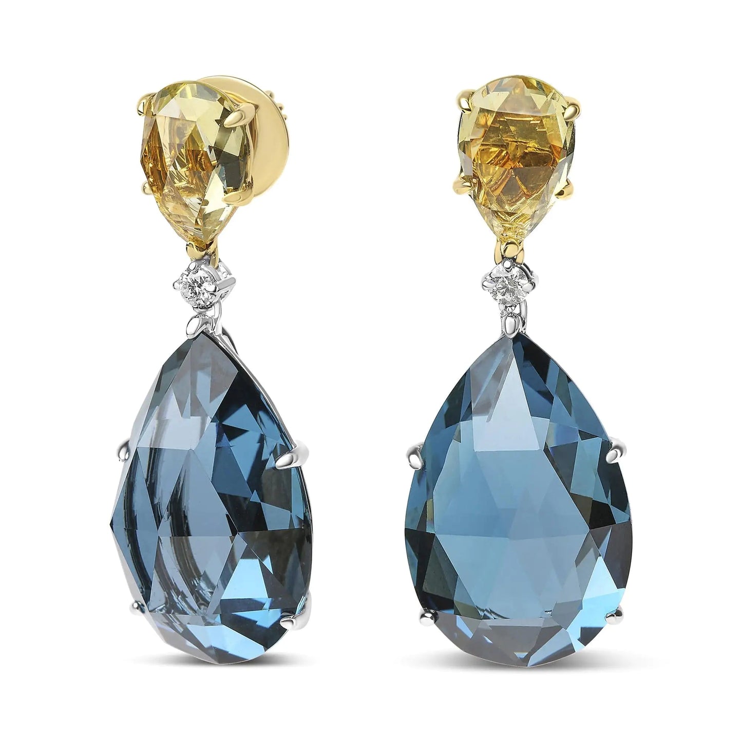 18K White and Yellow Gold 1/5 Cttw Diamond with Pear Cut Lemon Quartz and Pear Cut London Blue Topaz Gemstone Dangle Earring (G - H Color, SI1 - SI2 Clarity) | | Elegant Emulations Jewelry USA