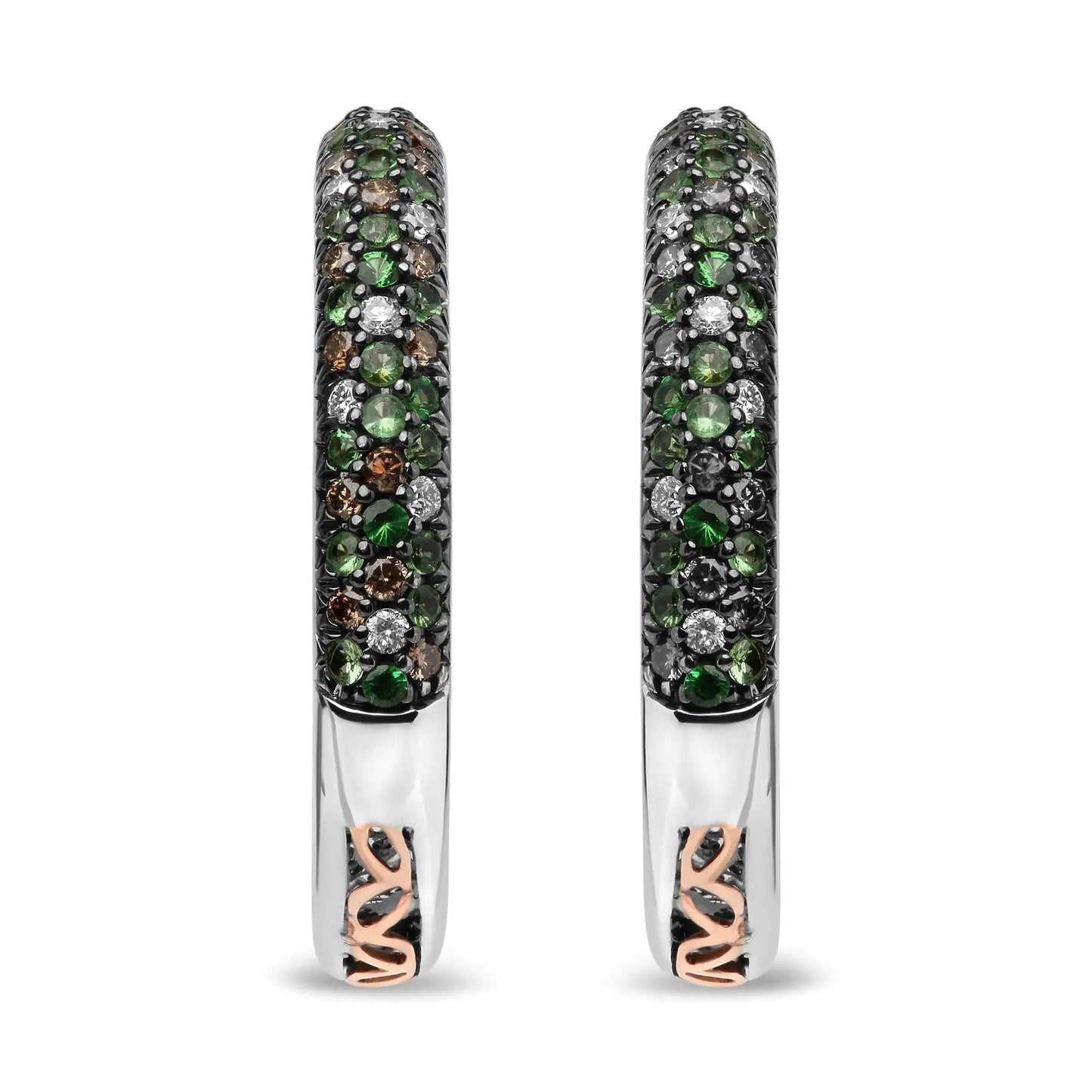 18K White Gold 1.00 Cttw Brown and White Diamond and 1.3mm Round Green Tsavorite Gemstone Inside Outside Hoop Earrings (Brown and G - H Color, SI1 - SI2 Clarity) | | Elegant Emulations Jewelry USA