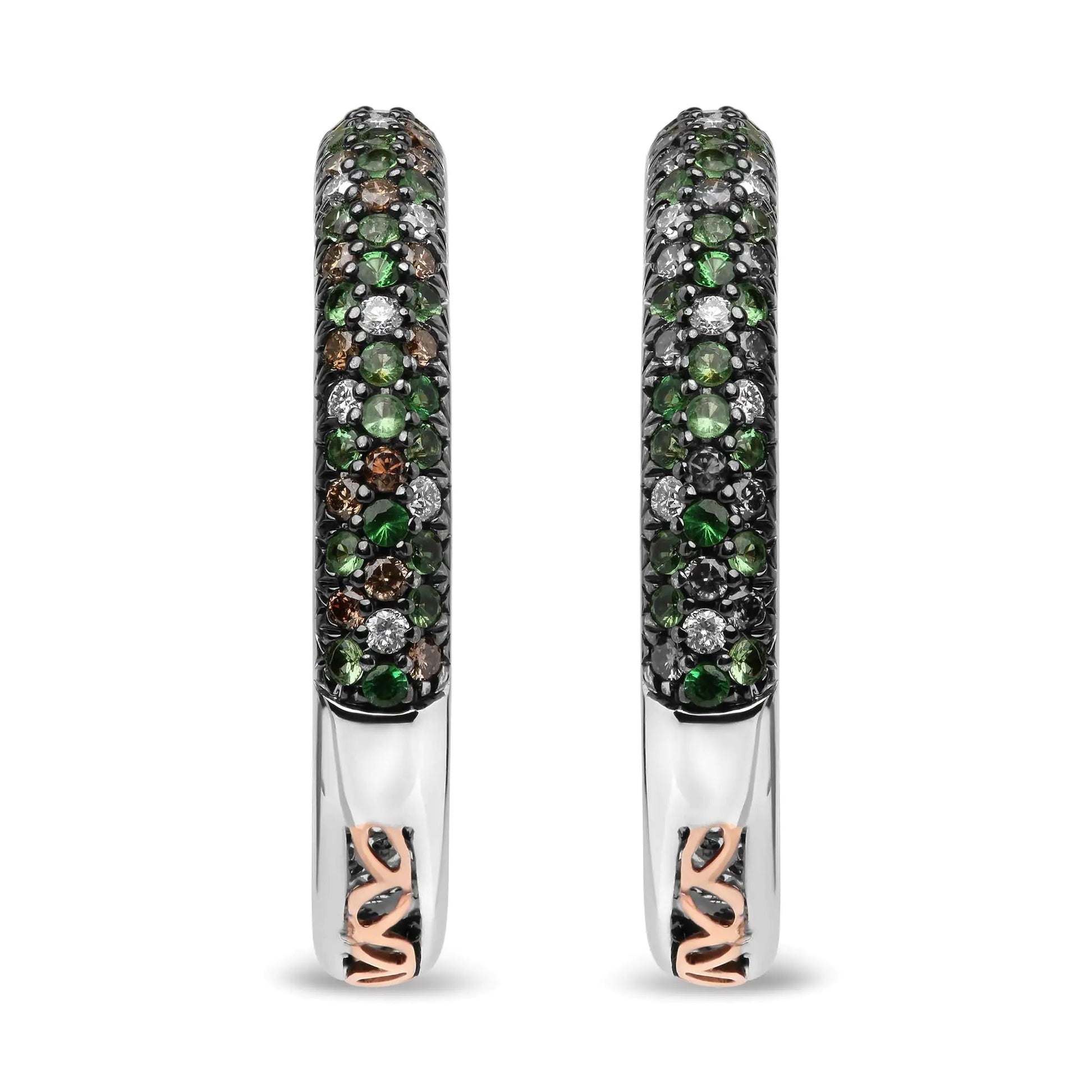 18K White Gold 1.00 Cttw Brown and White Diamond and 1.3mm Round Green Tsavorite Gemstone Inside Outside Hoop Earrings (Brown and G - H Color, SI1 - SI2 Clarity) | | Elegant Emulations Jewelry USA