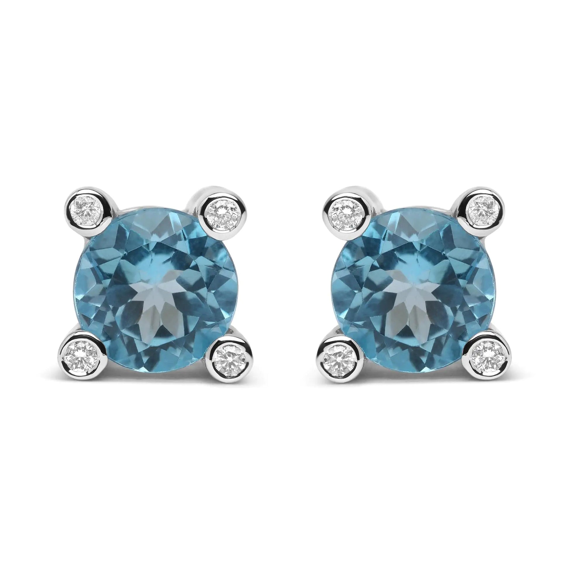 18K White Gold 1/10 Cttw Round Bezel Diamond and 10x10mm Round Sky Blue Topaz Gemstone Stud Earrings (G - H Color, I1 - I2 Clarity) | | Elegant Emulations Jewelry USA