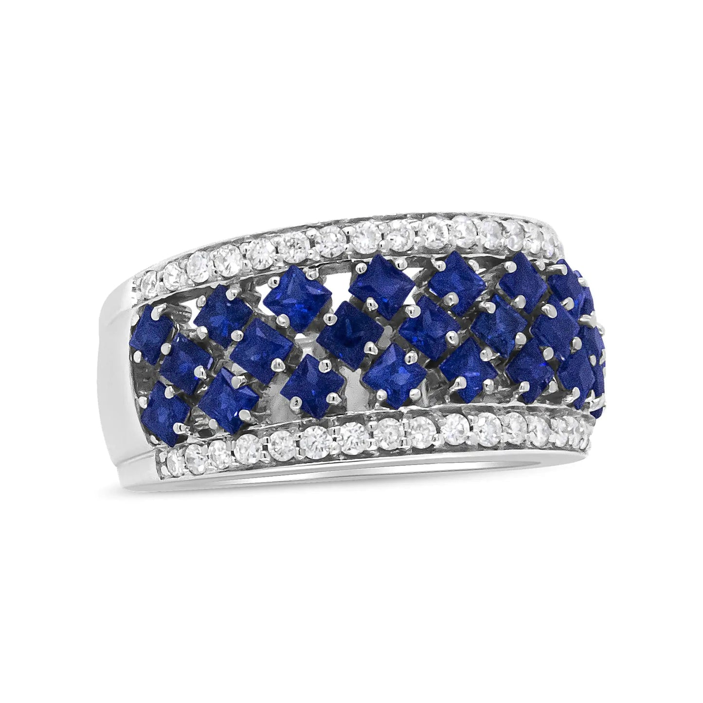 18K White Gold 3/8 Cttw Diamond and 2x2mm Princess Cut Blue Sapphire Fashion Band Ring (F - G Color, VS1 - VS2 Clarity) | | Elegant Emulations Jewelry USA