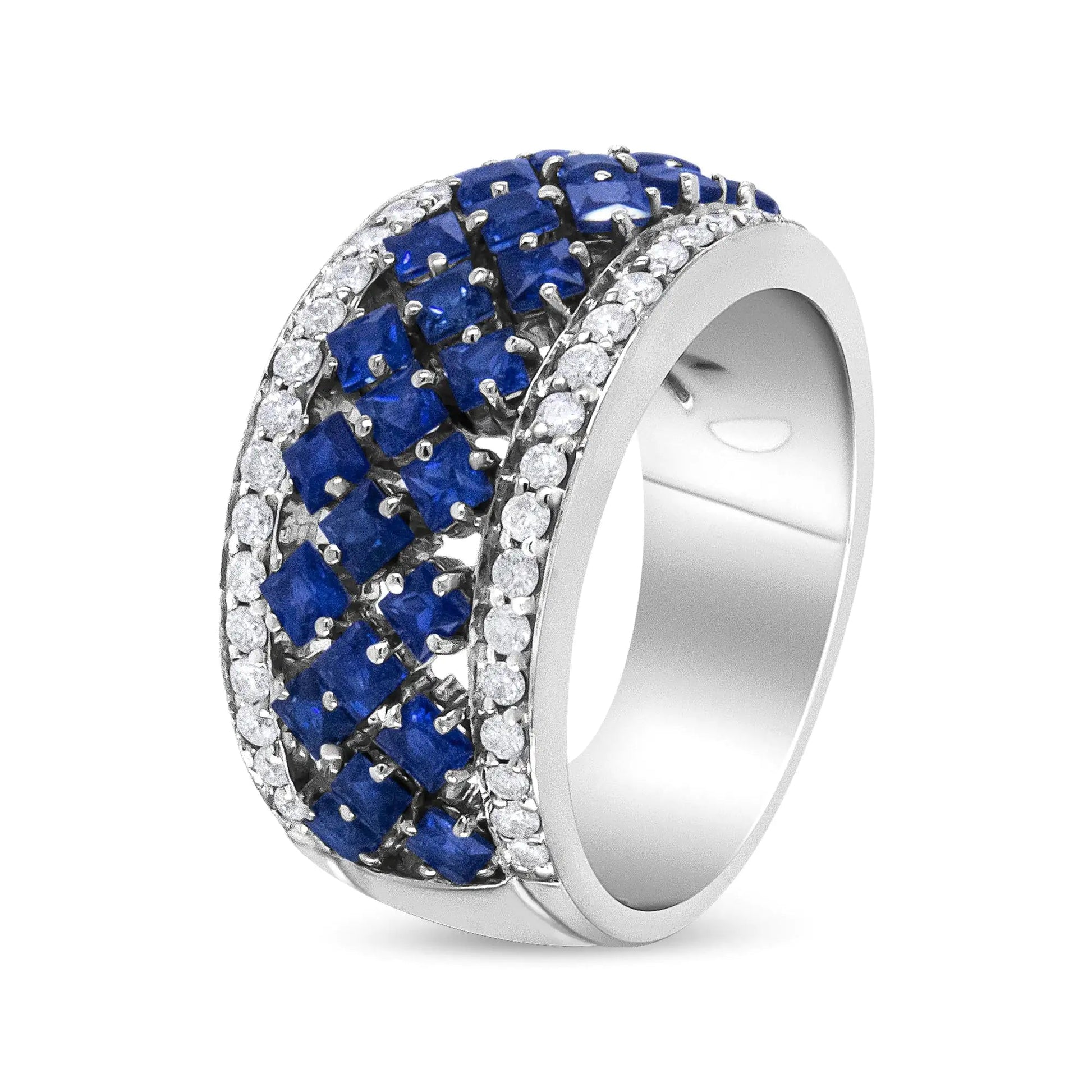 18K White Gold 3/8 Cttw Diamond and 2x2mm Princess Cut Blue Sapphire Fashion Band Ring (F - G Color, VS1 - VS2 Clarity) | | Elegant Emulations Jewelry USA