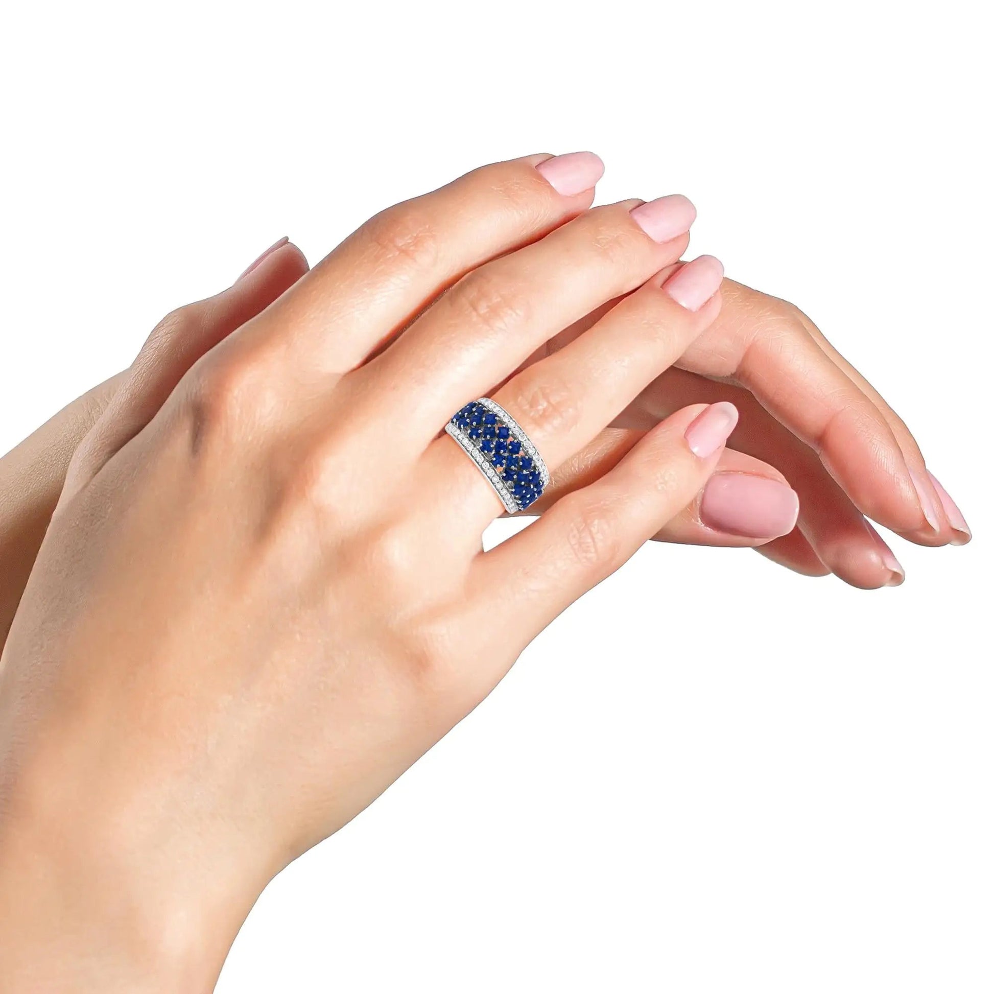 18K White Gold 3/8 Cttw Diamond and 2x2mm Princess Cut Blue Sapphire Fashion Band Ring (F - G Color, VS1 - VS2 Clarity) | | Elegant Emulations Jewelry USA