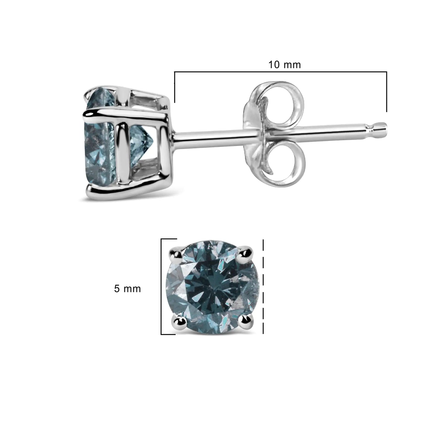 14K Gold Round Brilliant Cut Lab Grown Blue Diamond 4-Prong Classic Solitaire Stud Earrings with Pushbacks - Elegant Emulations