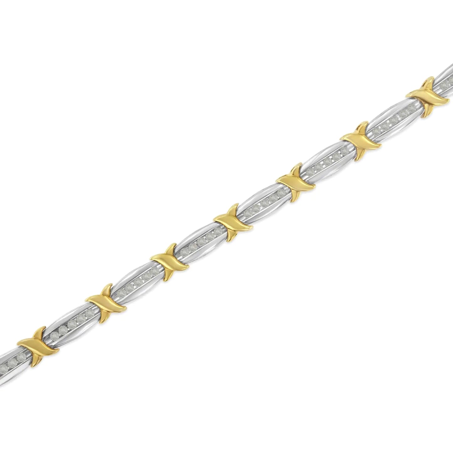 Two-Tone 10K Yellow Gold over .925 Sterling Silver 1.0 Cttw Diamond Channel Set Tapered & X-Link 7" Tennis Bracelet (H-I Color, I2-I3 Clarity) - Elegant Emulations
